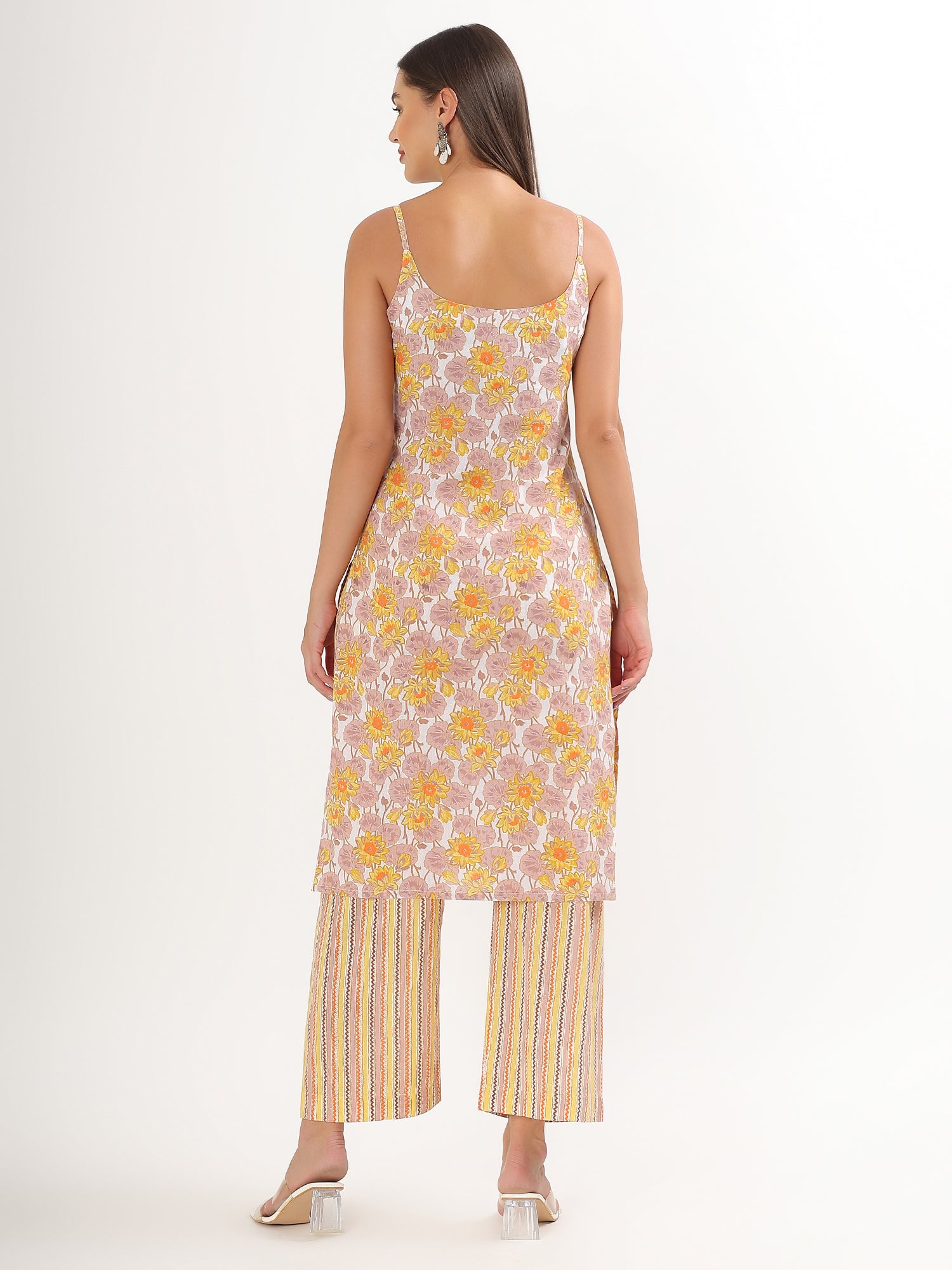 Chic Yellow Floral Straight Cotton Kurta with Pant Set