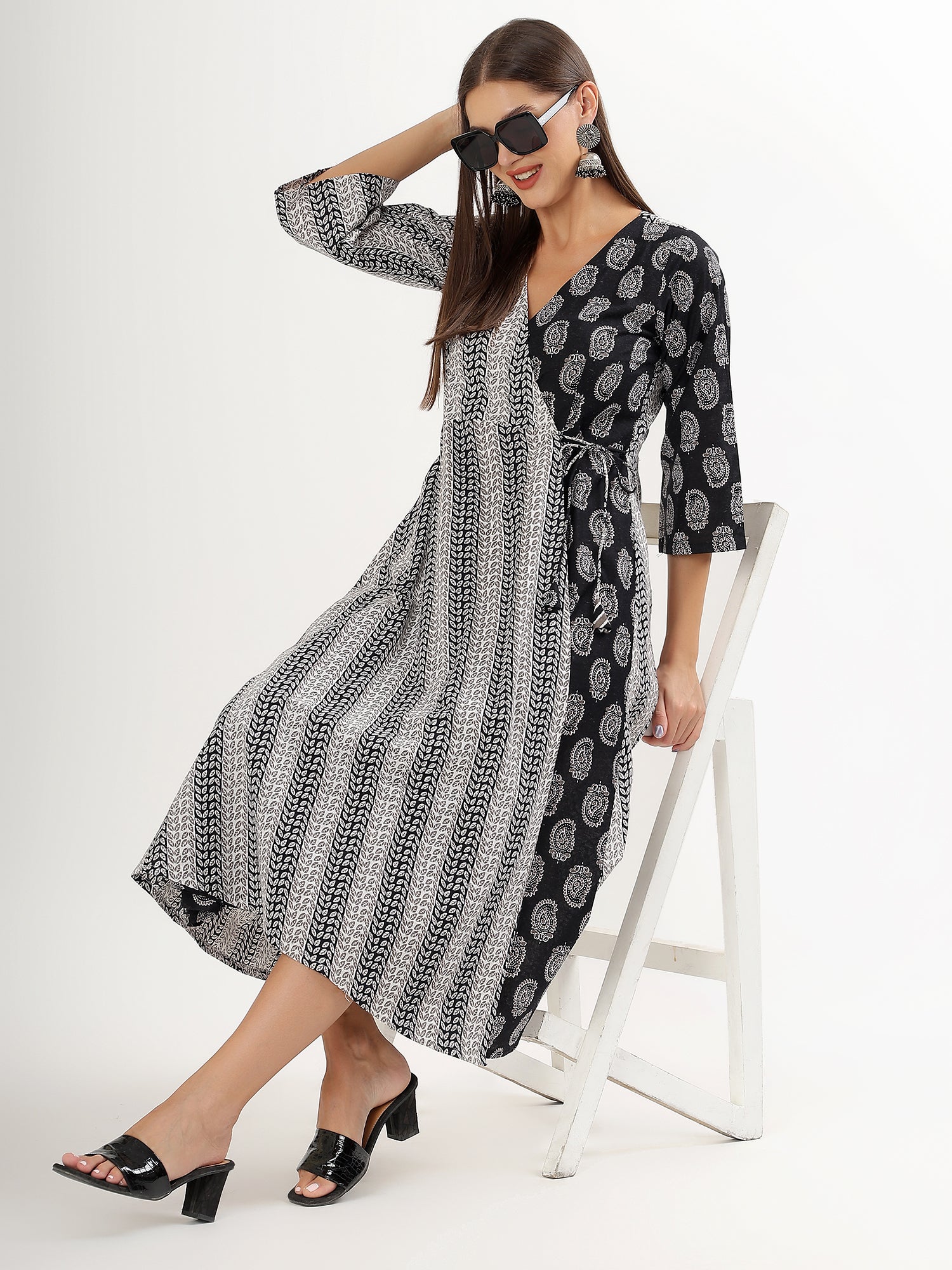 Elegant Black Geometric Angrakha Cotton Kurta
