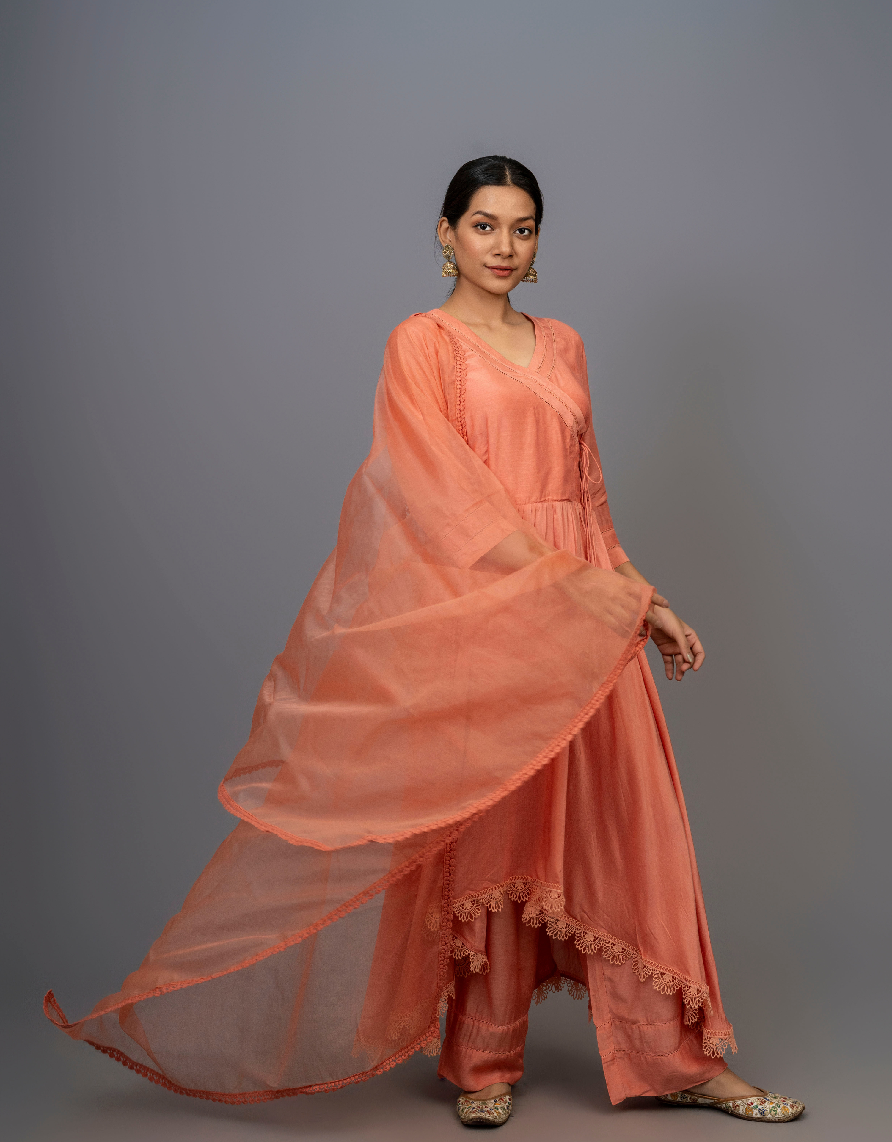 Rust Orange Cotton Silk Gathered Angrakha Kurta Pants Organza Dupatta Lace