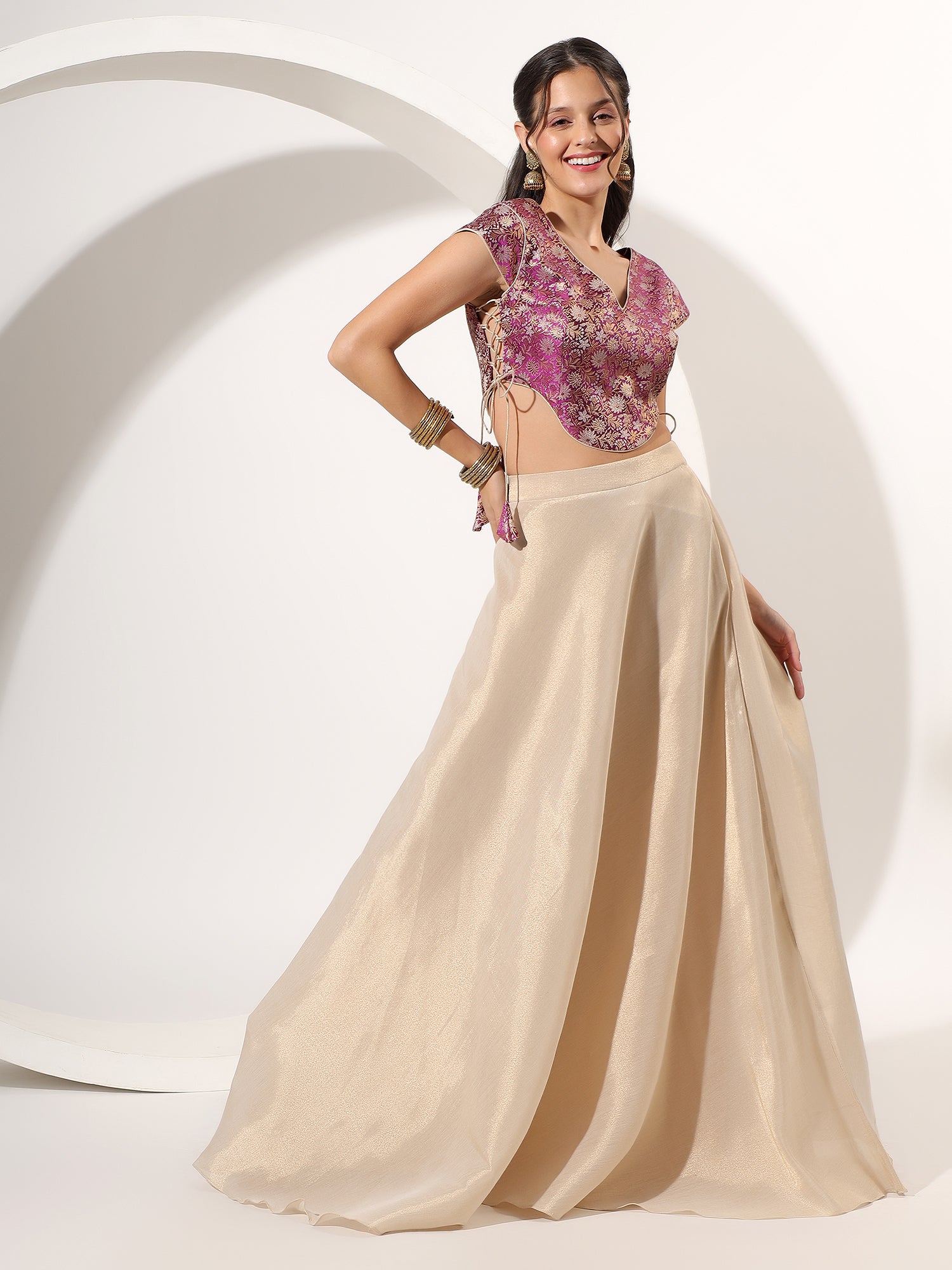 Luxury Golden Tissue & Brocade Skirt with Designer Blouse
