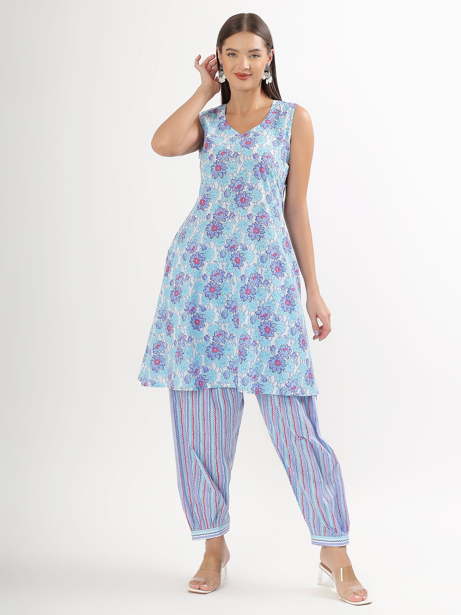 Blue Floral Sleeveless Cotton Kurta Salwar Set