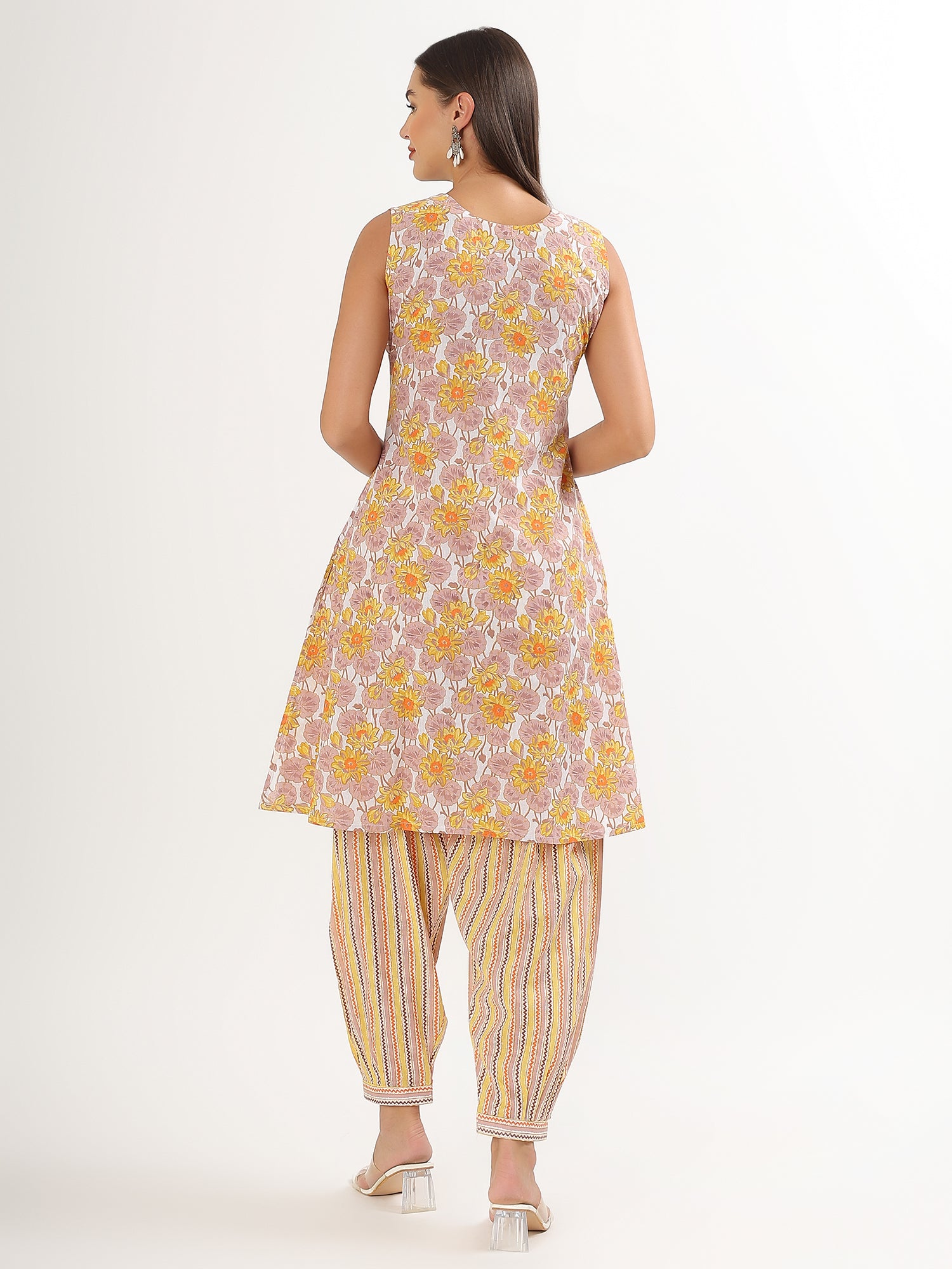 Yellow Floral Sleeveless A-line Cotton Kurta Salwar Set