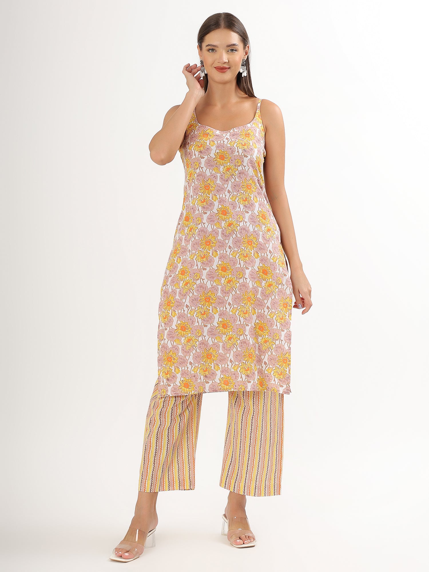 Chic Yellow Floral Straight Cotton Kurta with Pant Set