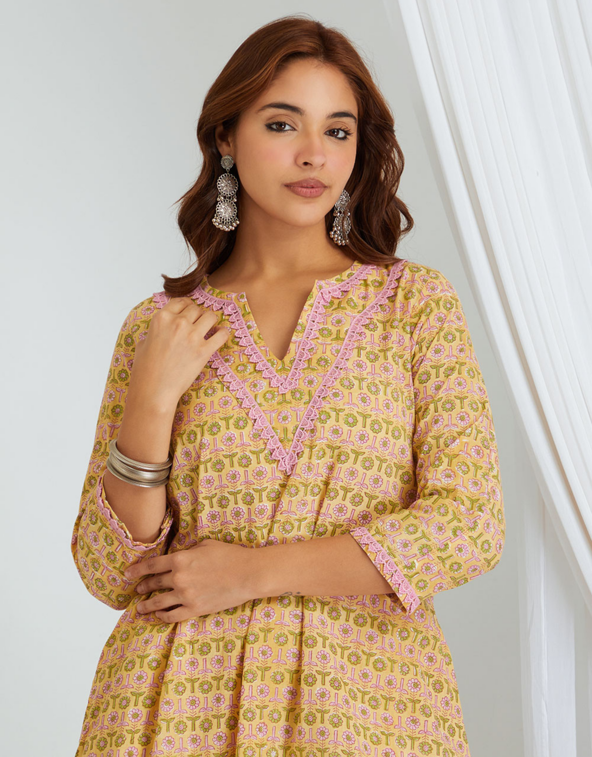 Mustard Yellow Hand Block Cotton Kurta Palazzo Co-ord Set Lace High Cut