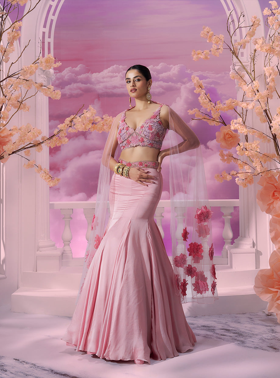 Stunning Pink Mermaid Lehenga 3D Floral Blouse & Dupatta