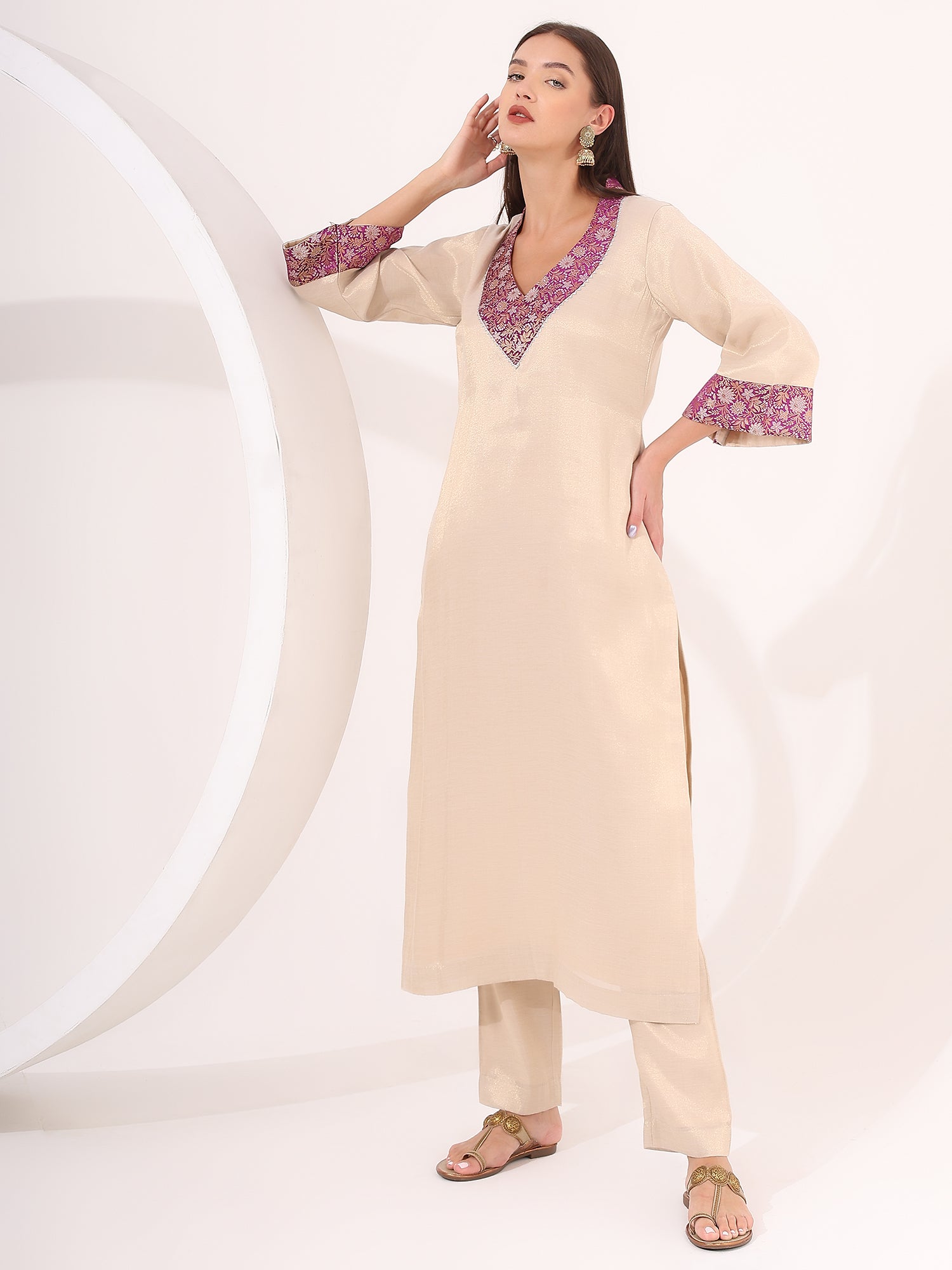 Gold Beige Tissue Kurta Set with Brocade Patch Highlight