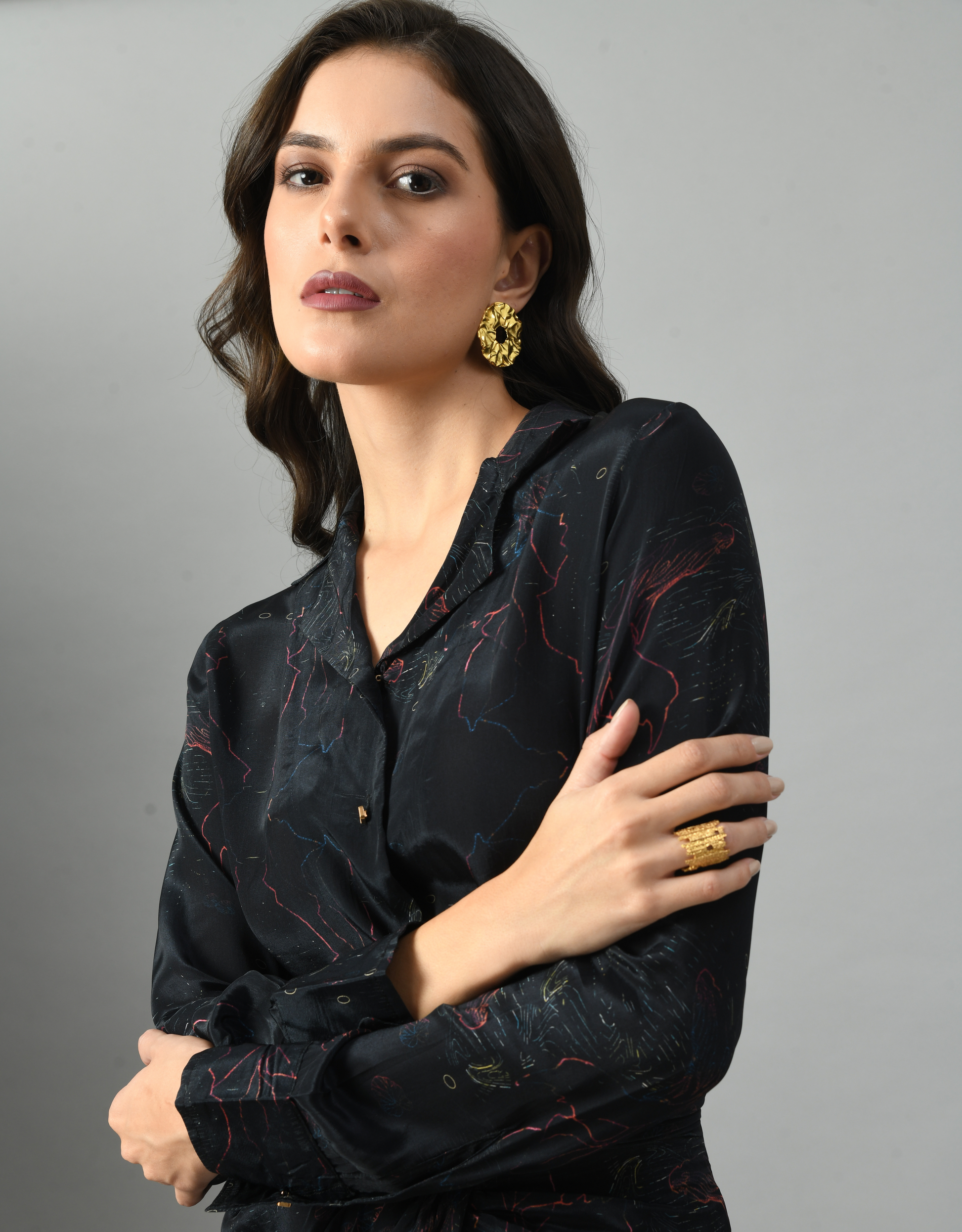 Unique Black Crepe Silk Alice in Wondersea Drape Shirt Skirt Set