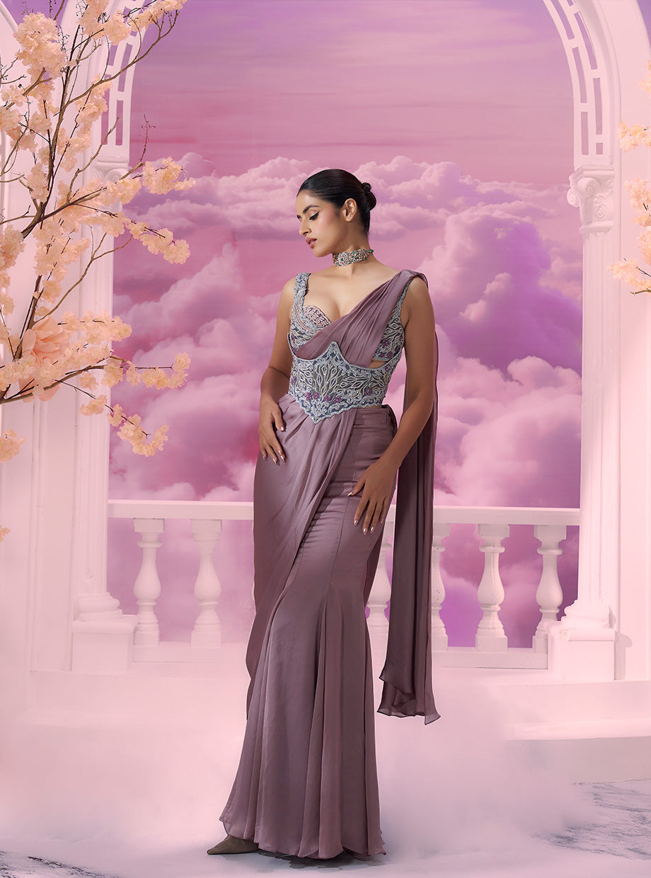 Luxurious Amethyst Drape Saree with Corset Belt & Blouse