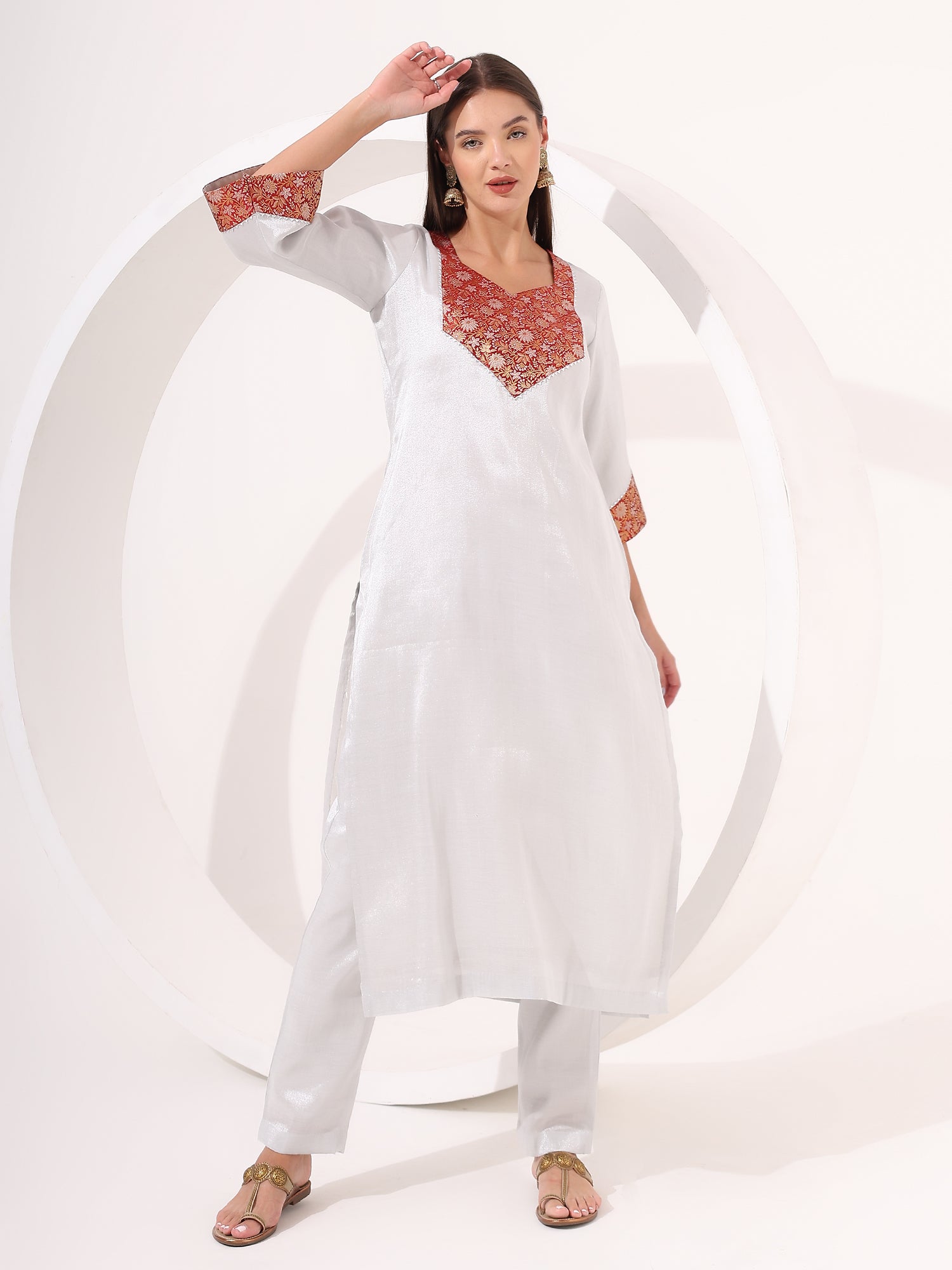 Elegant Silver Tissue Kurta Set with Brocade Patch Highlight