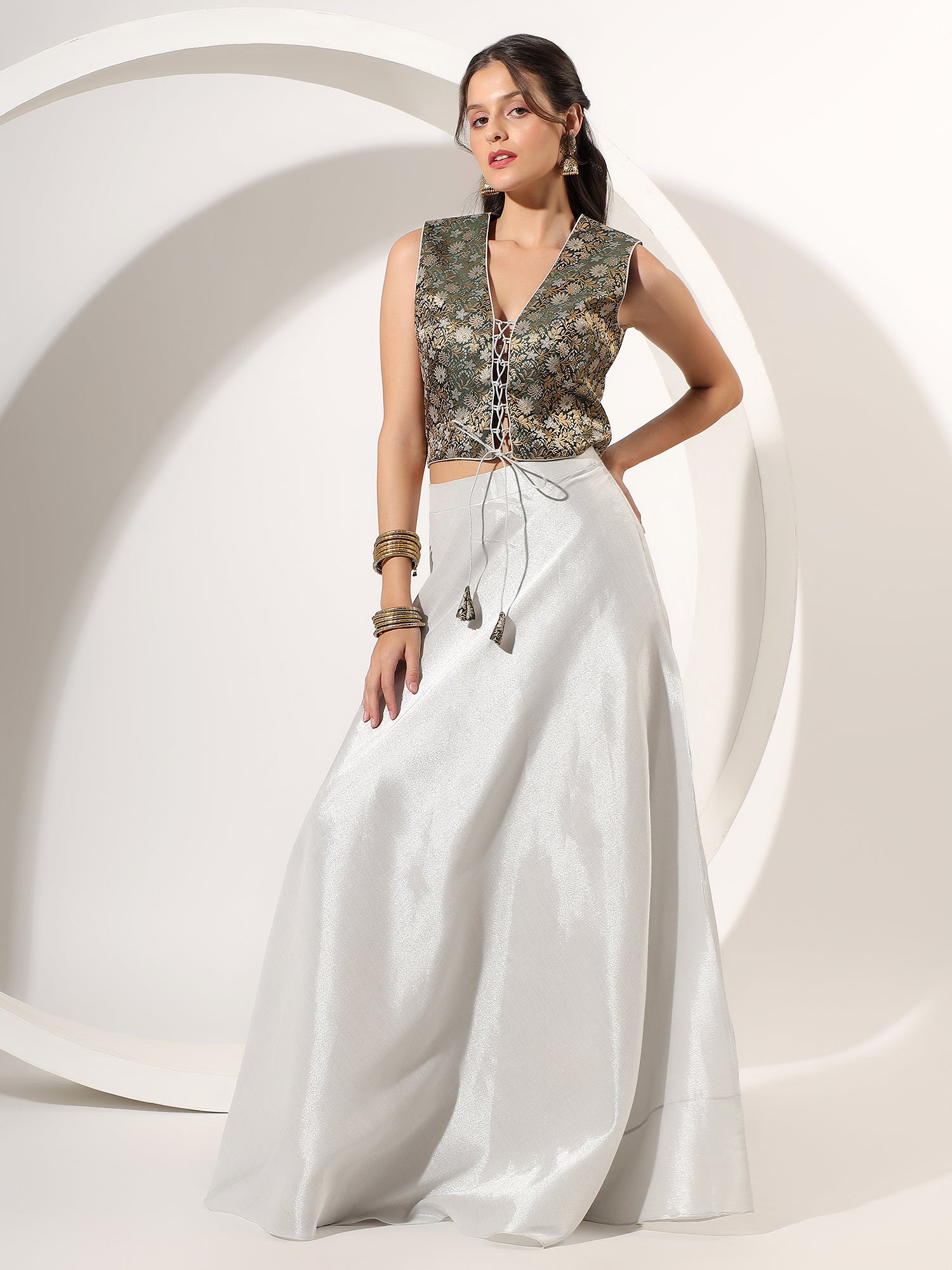 Chic Silver Tissue & Brocade Skirt with Designer Blouse Set