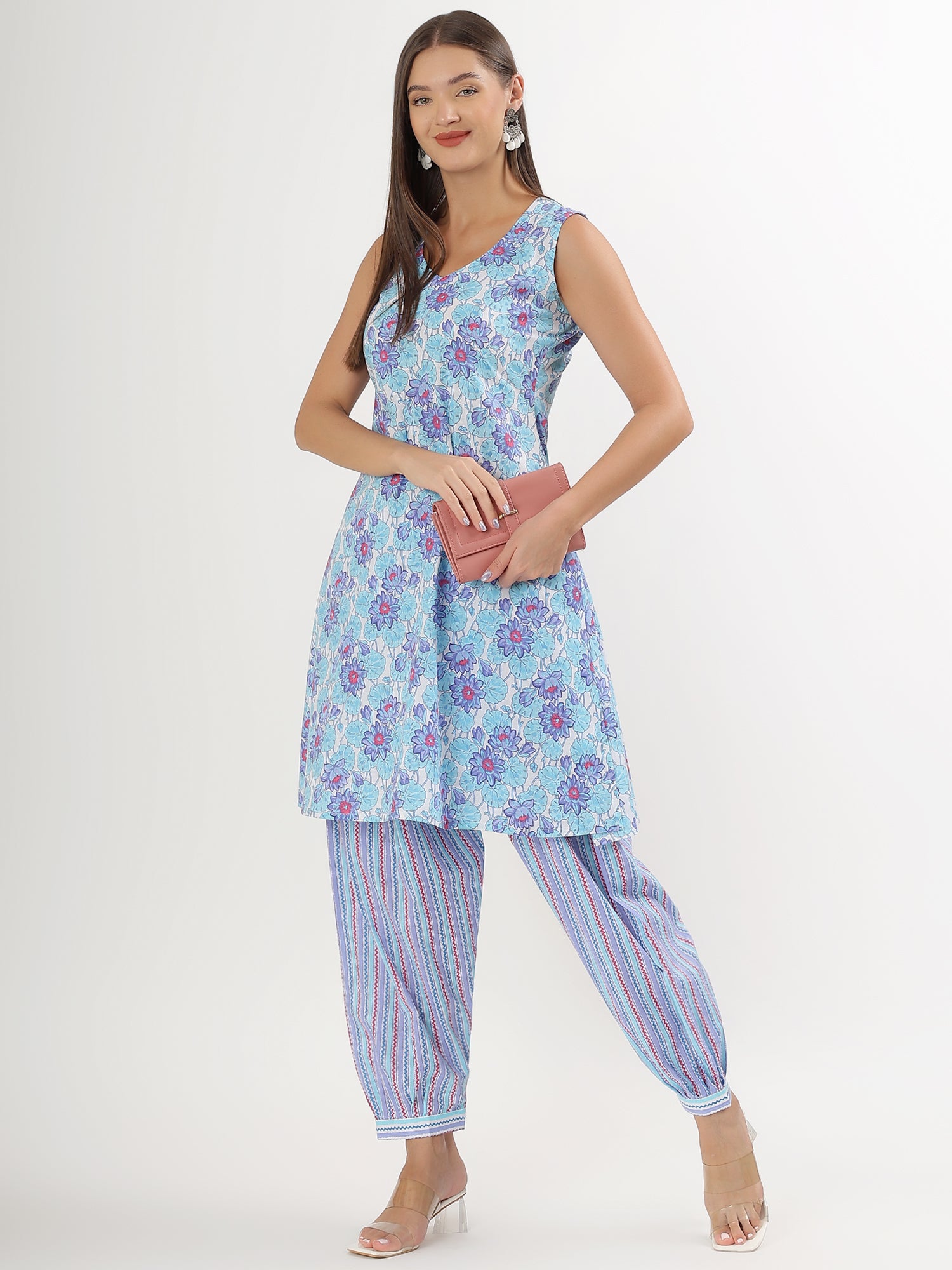Blue Floral Sleeveless Cotton Kurta Salwar Set