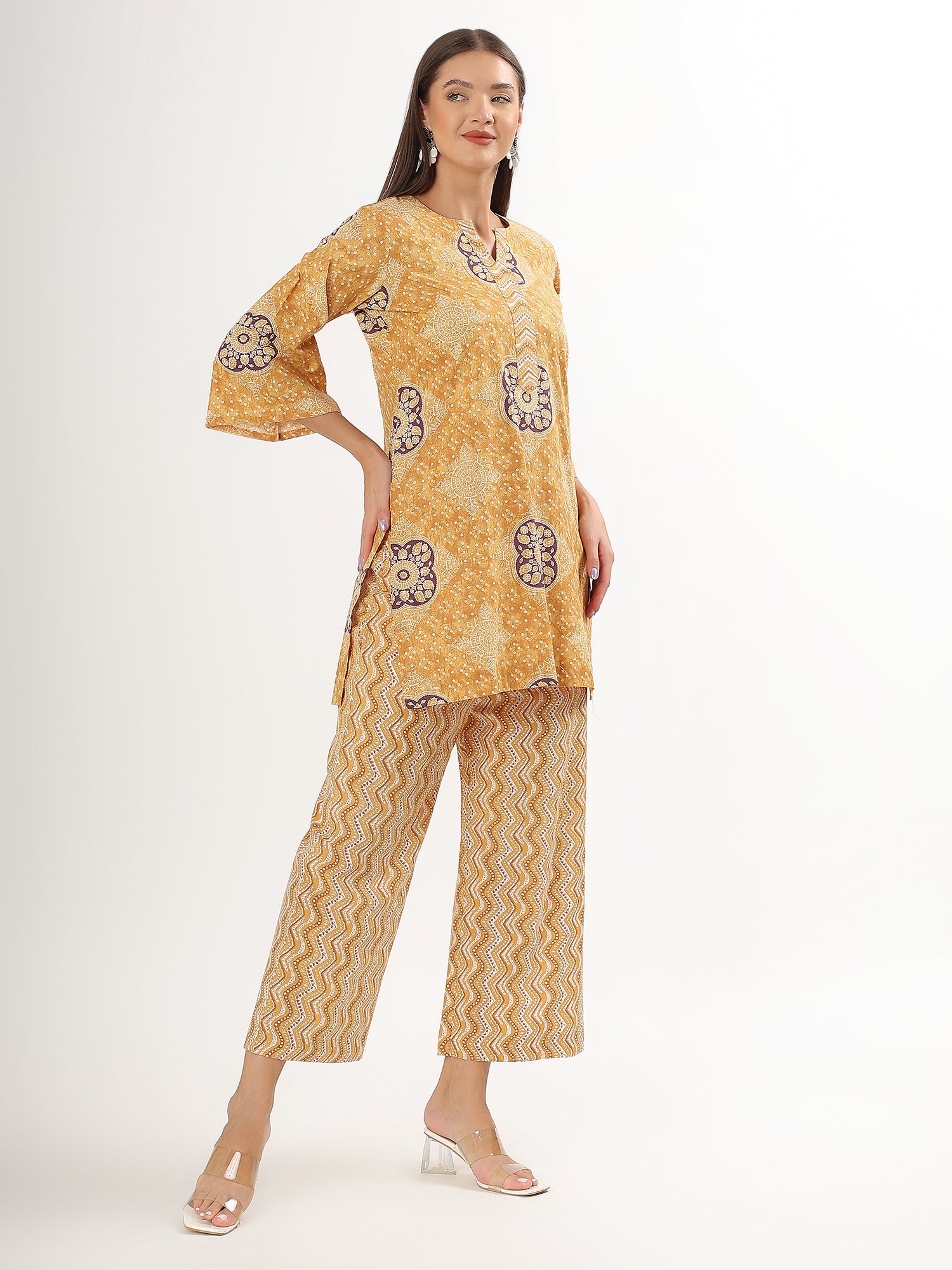 Yellow Floral Sleeveless Short Kurta Pant Co-ord Set