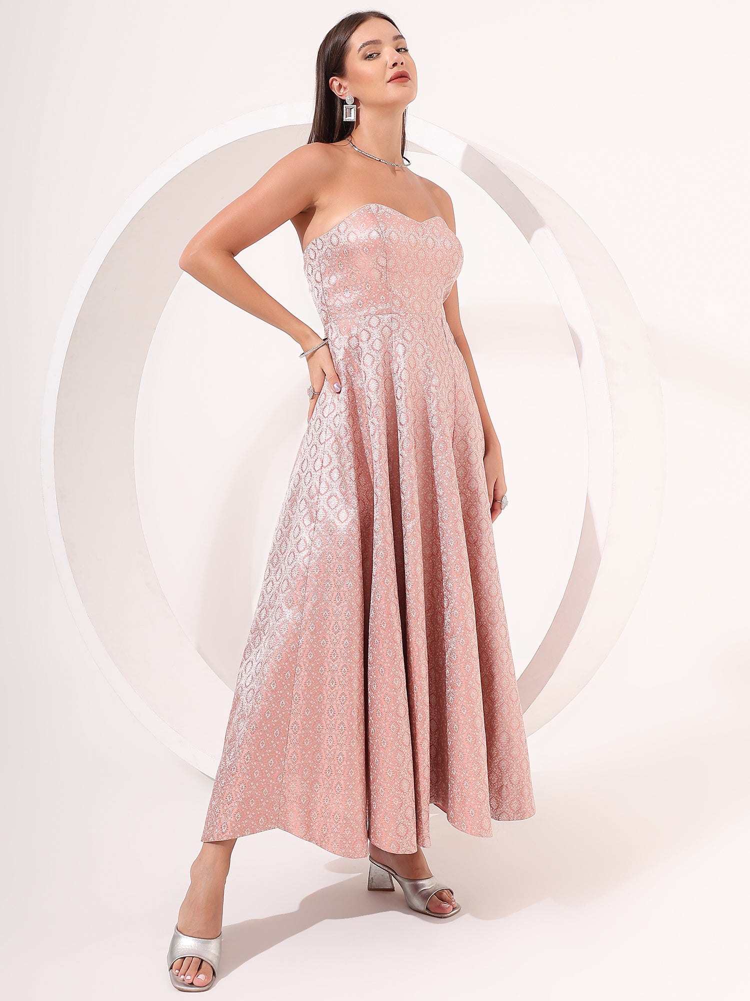 Peach Silver Brocade Anarkali Gown – Party & Wedding Wear