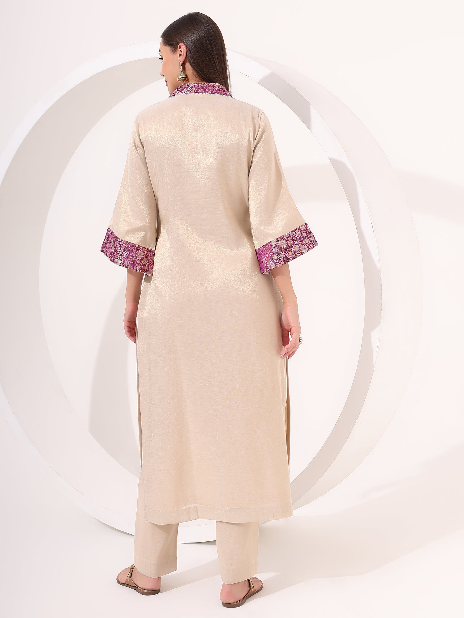 Gold Beige Tissue Kurta Set with Brocade Patch Highlight