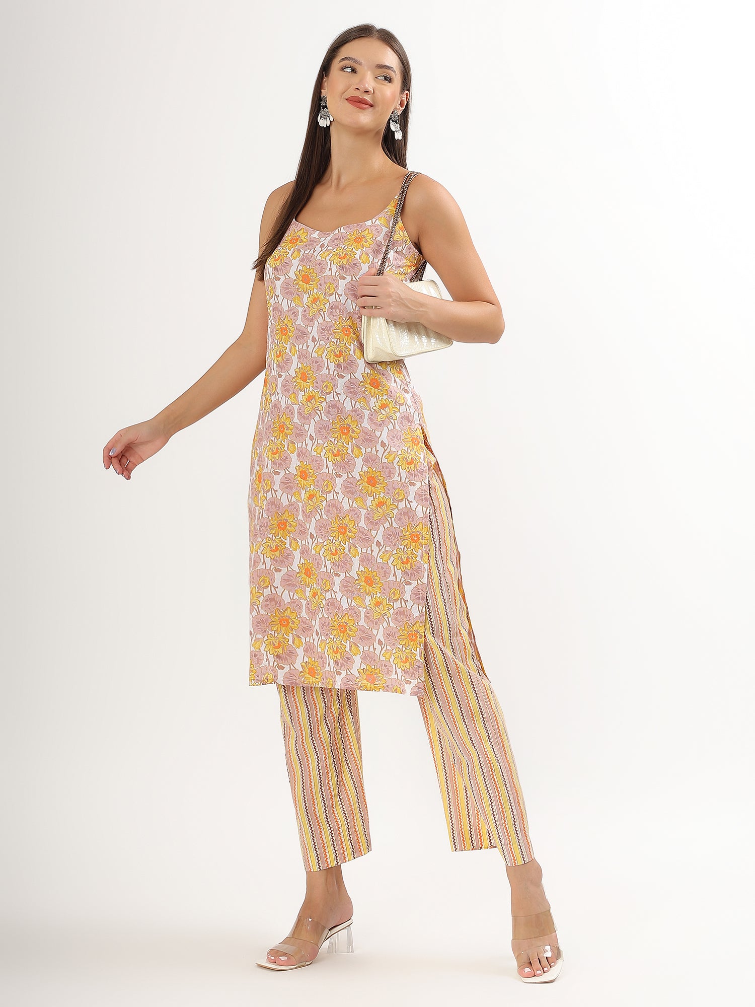 Chic Yellow Floral Straight Cotton Kurta with Pant Set