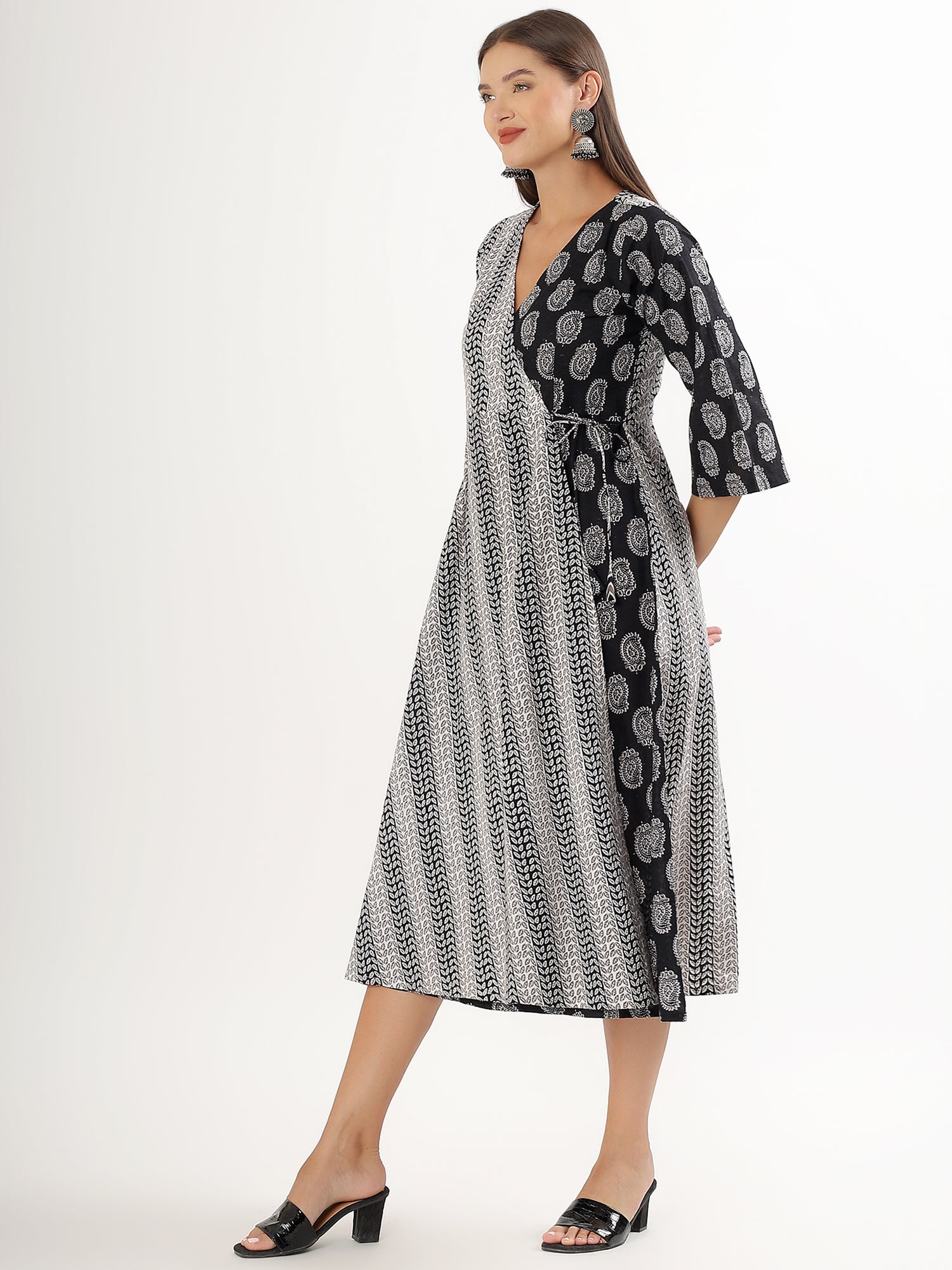 Elegant Black Geometric Angrakha Cotton Kurta