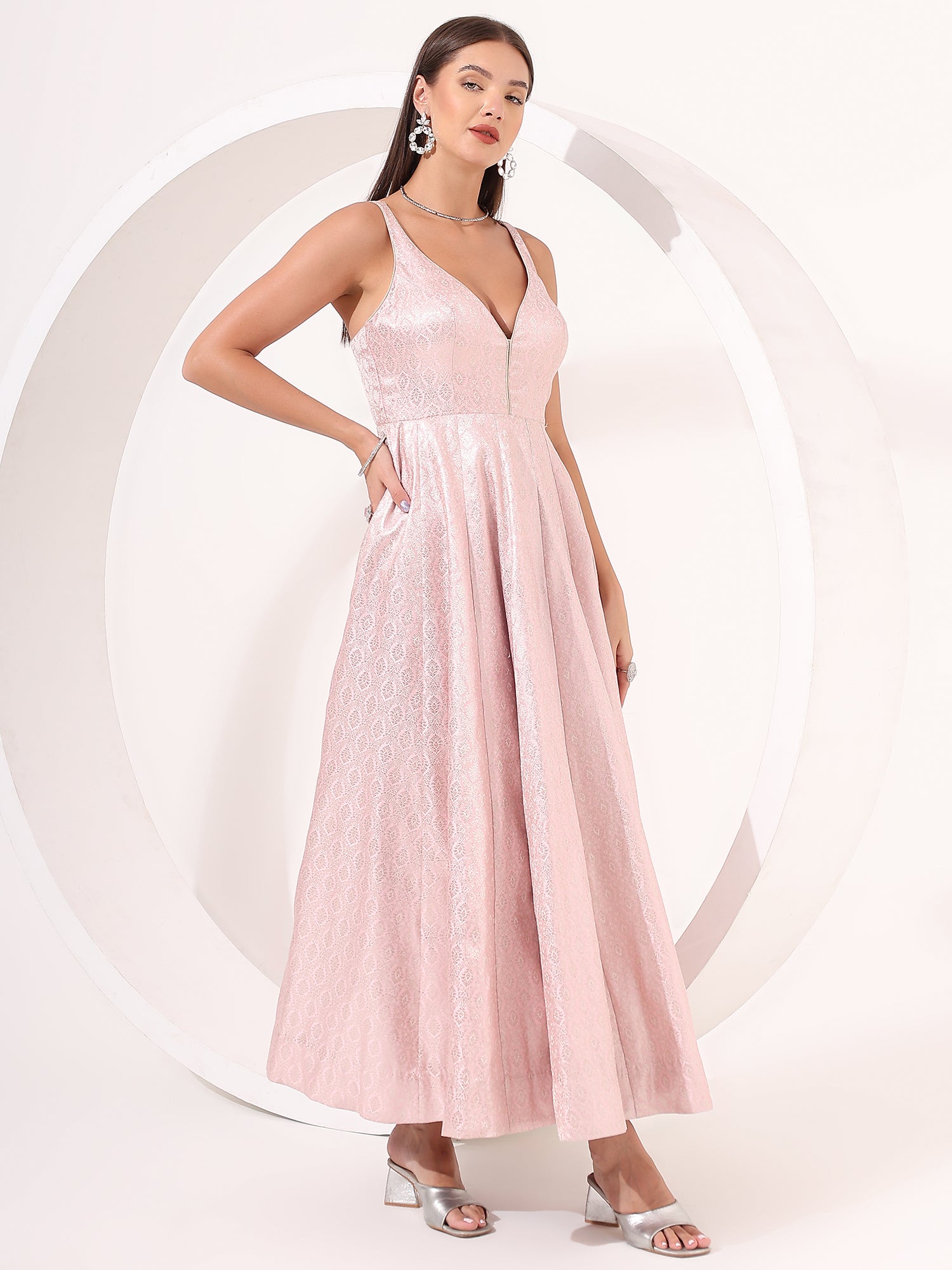 Baby Pink Silver Brocade Anarkali Gown – Party & Wedding Wear