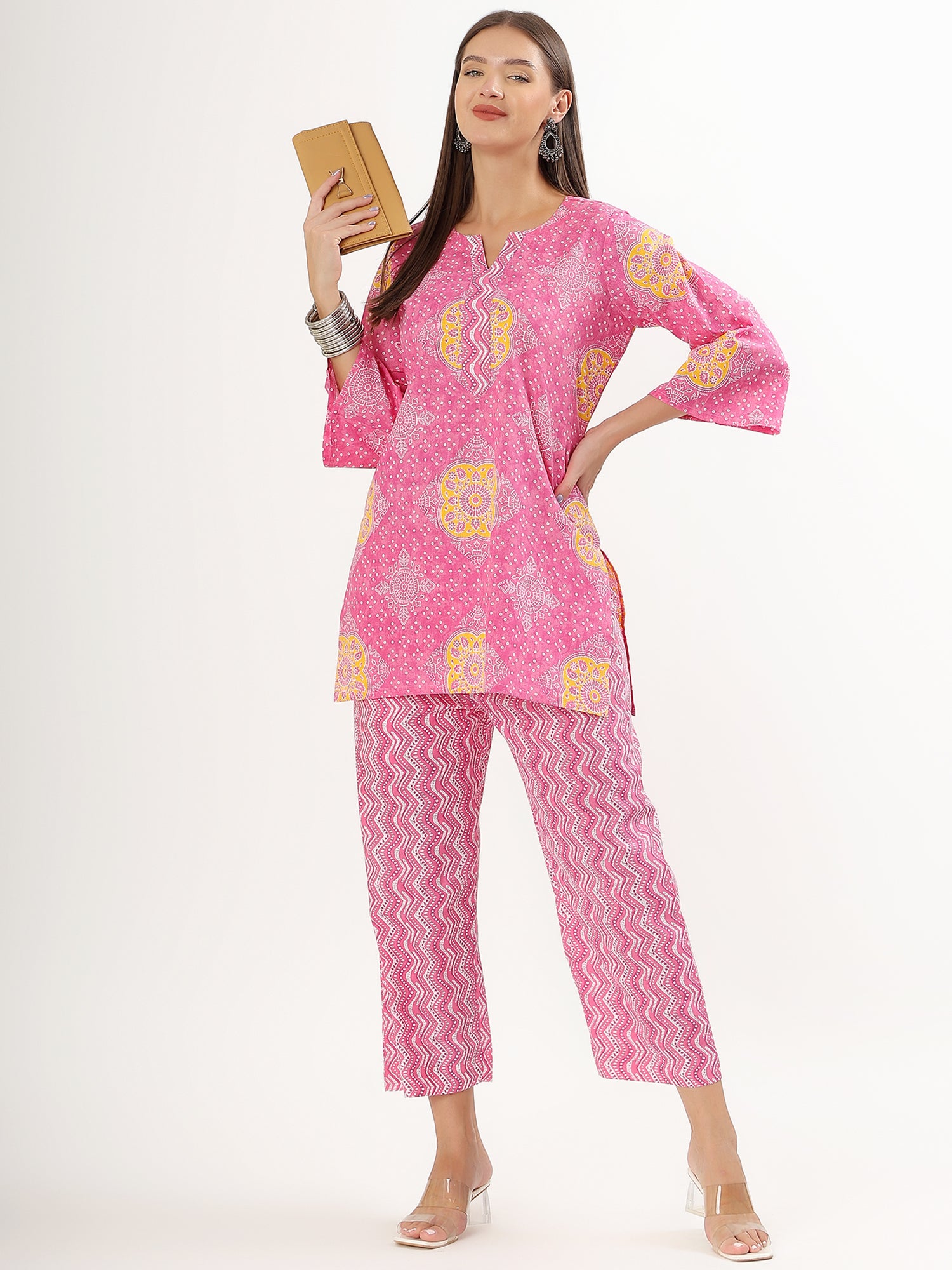 Elegant Pink Floral A-line Cotton Kurta with Salwar