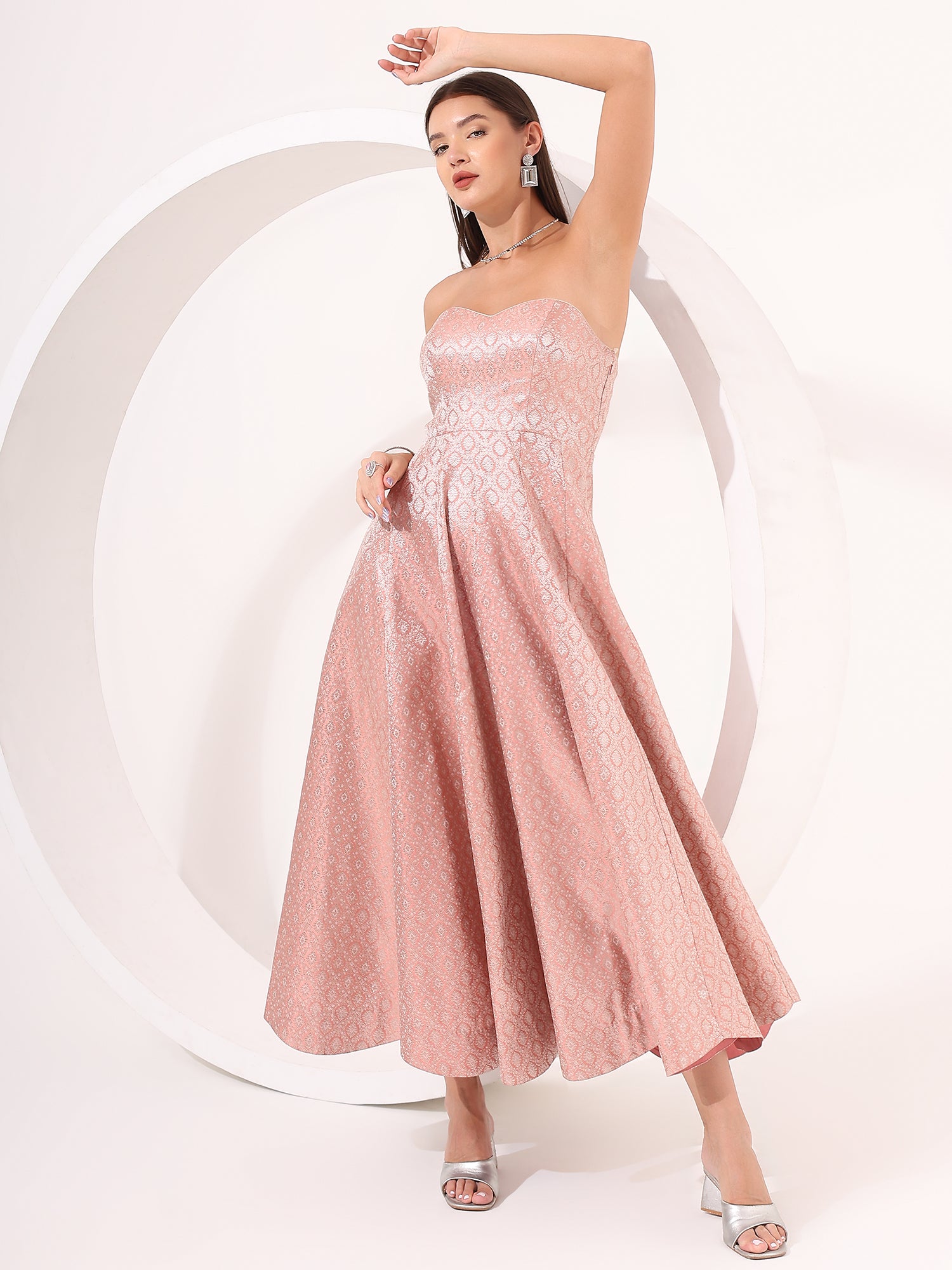 Peach Silver Brocade Anarkali Gown – Party & Wedding Wear