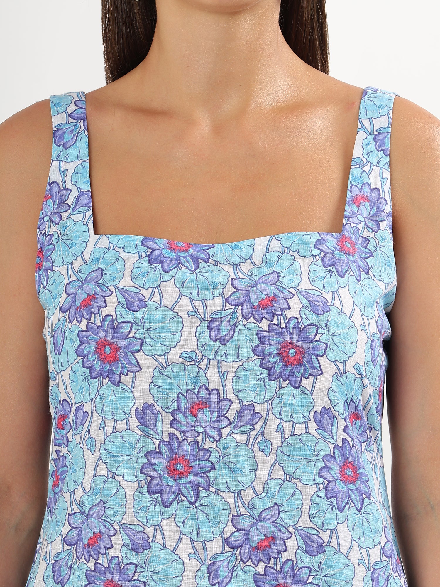 Beautiful Blue Floral Short Cotton Kurta with Pant Set