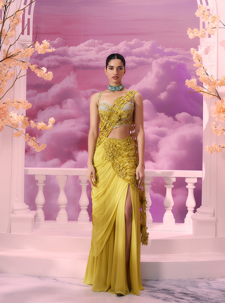 Vibrant Yellow Cutwork Drape Saree with Corset Top