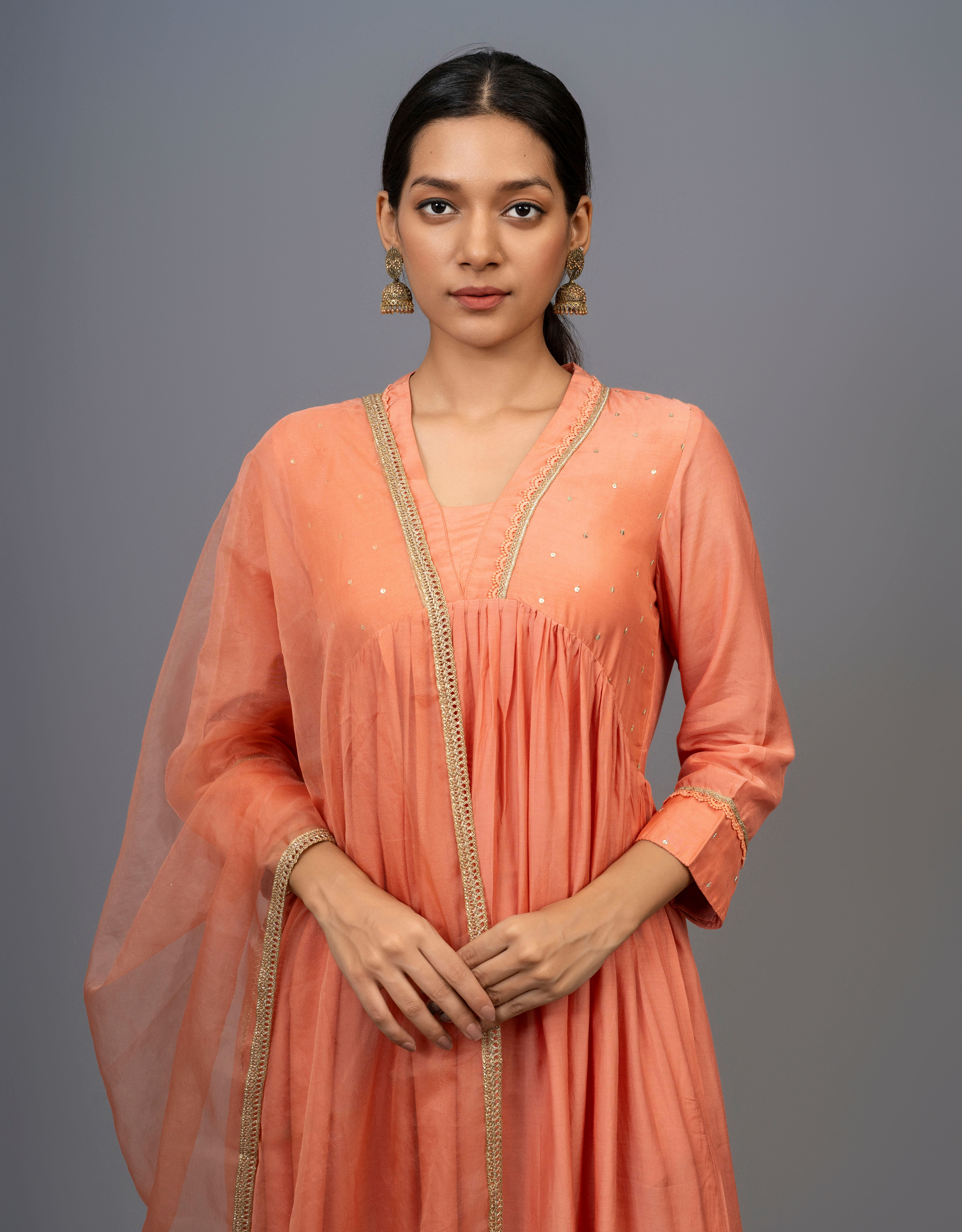 Rust Orange Cotton Silk Hand Embroidered Kurta Pants Organza Dupatta