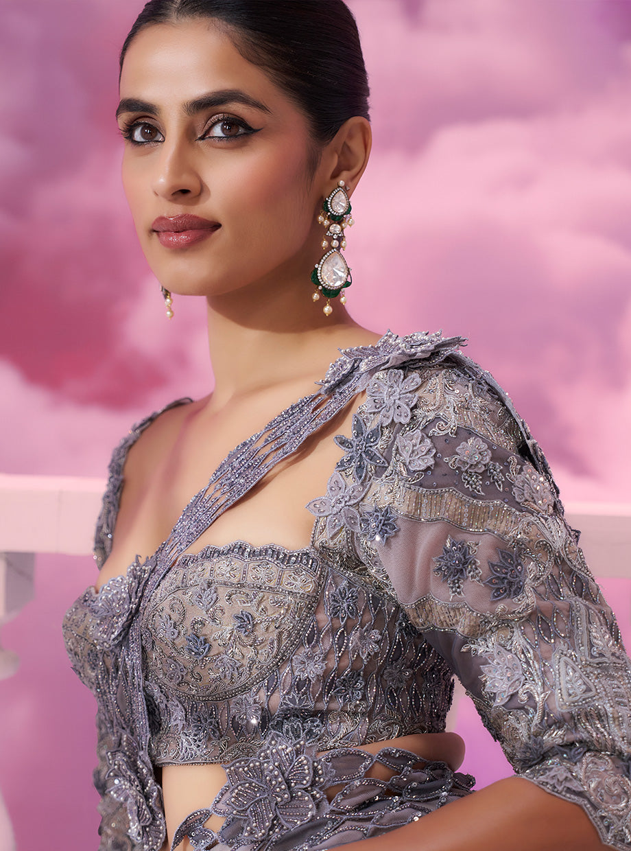 Elegant Grey Cutwork Drape Saree with Classy Blouse