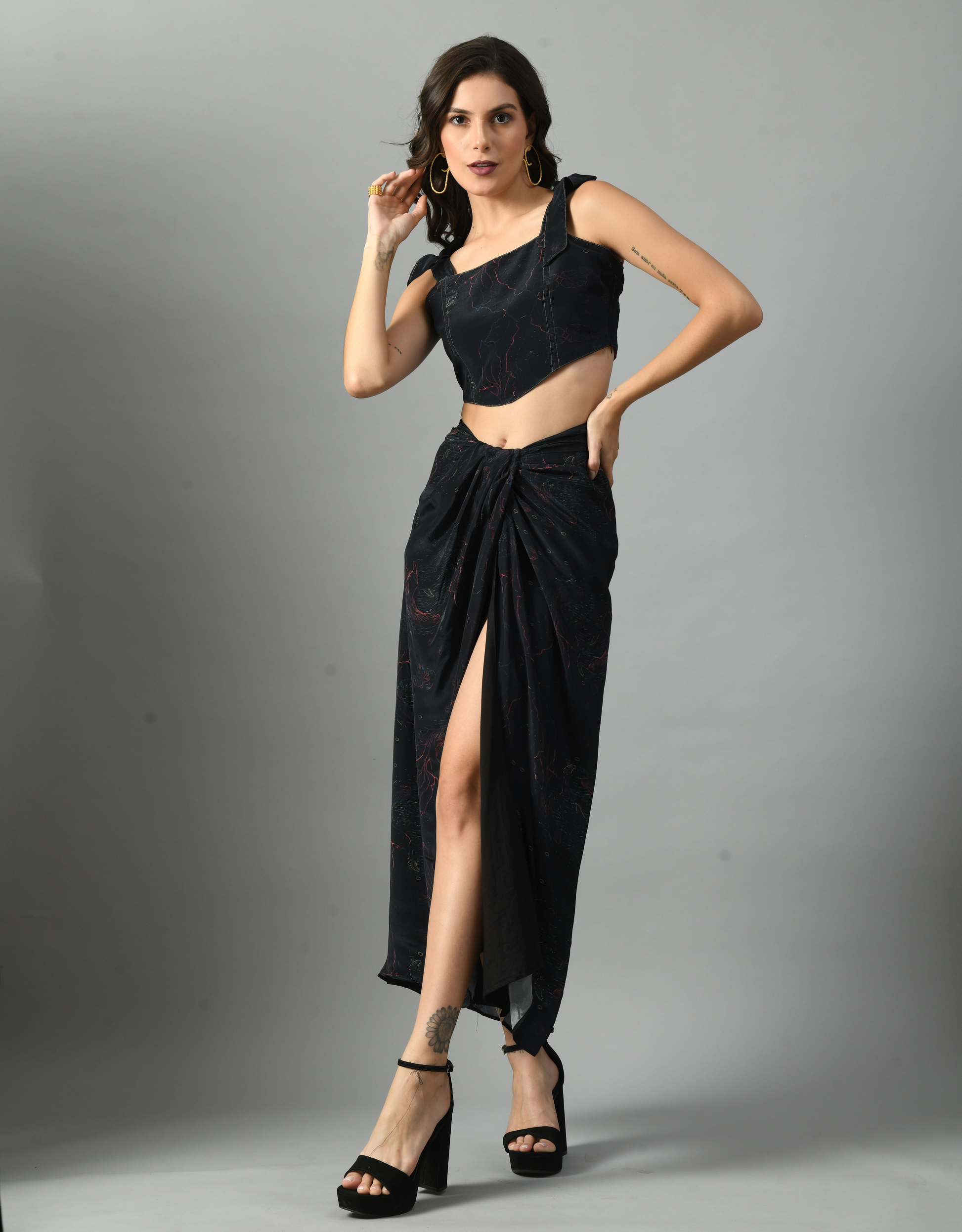Unique Black Crepe Silk Alice in Wondersea Bustier Skirt Set