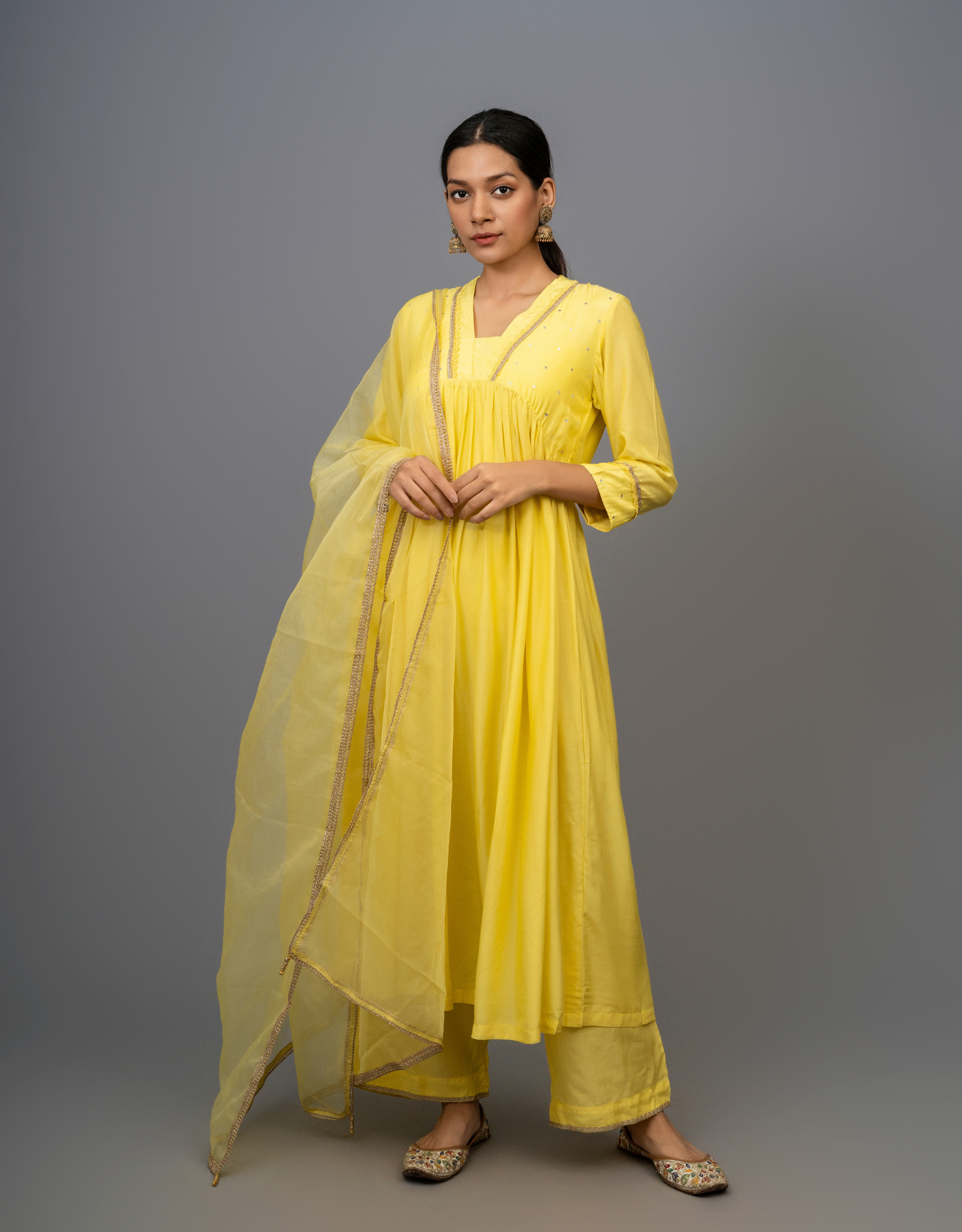 Yellow Cotton Silk Hand Embroidered A-line Kurta Pants Organza Dupatta
