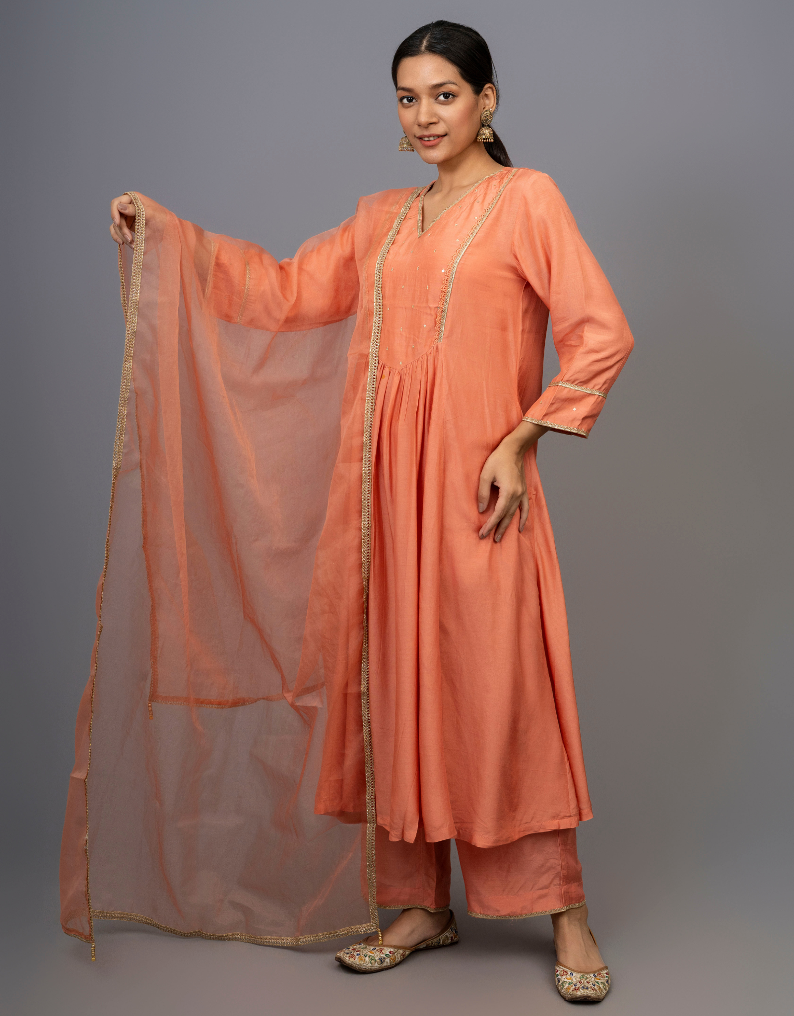 Rust Cotton Silk Hand Embroidered A-line Kurta Pants Organza Dupatta