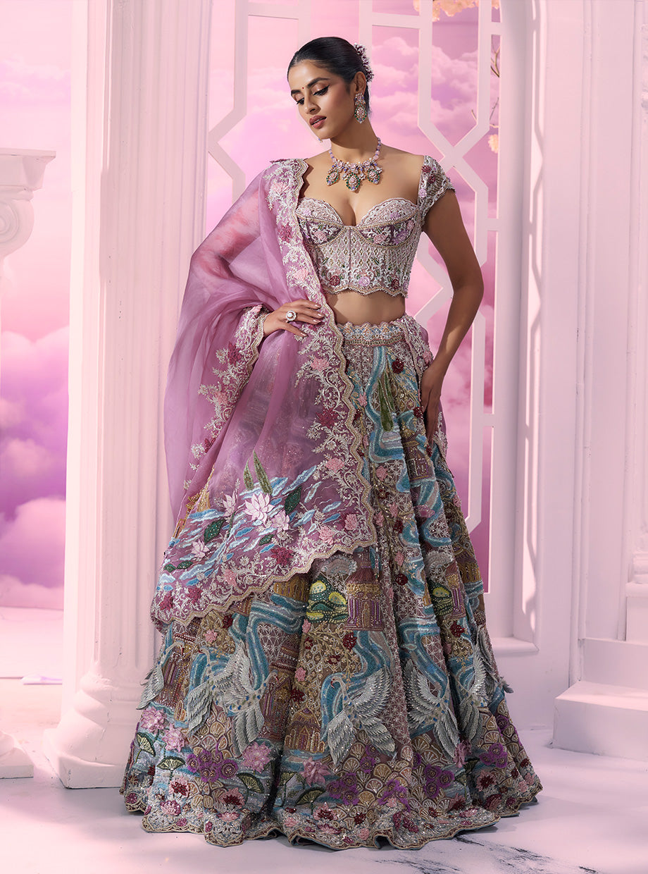 Buy Luxurious Pink River Crane 3D Embroidery Lehenga Corset Set