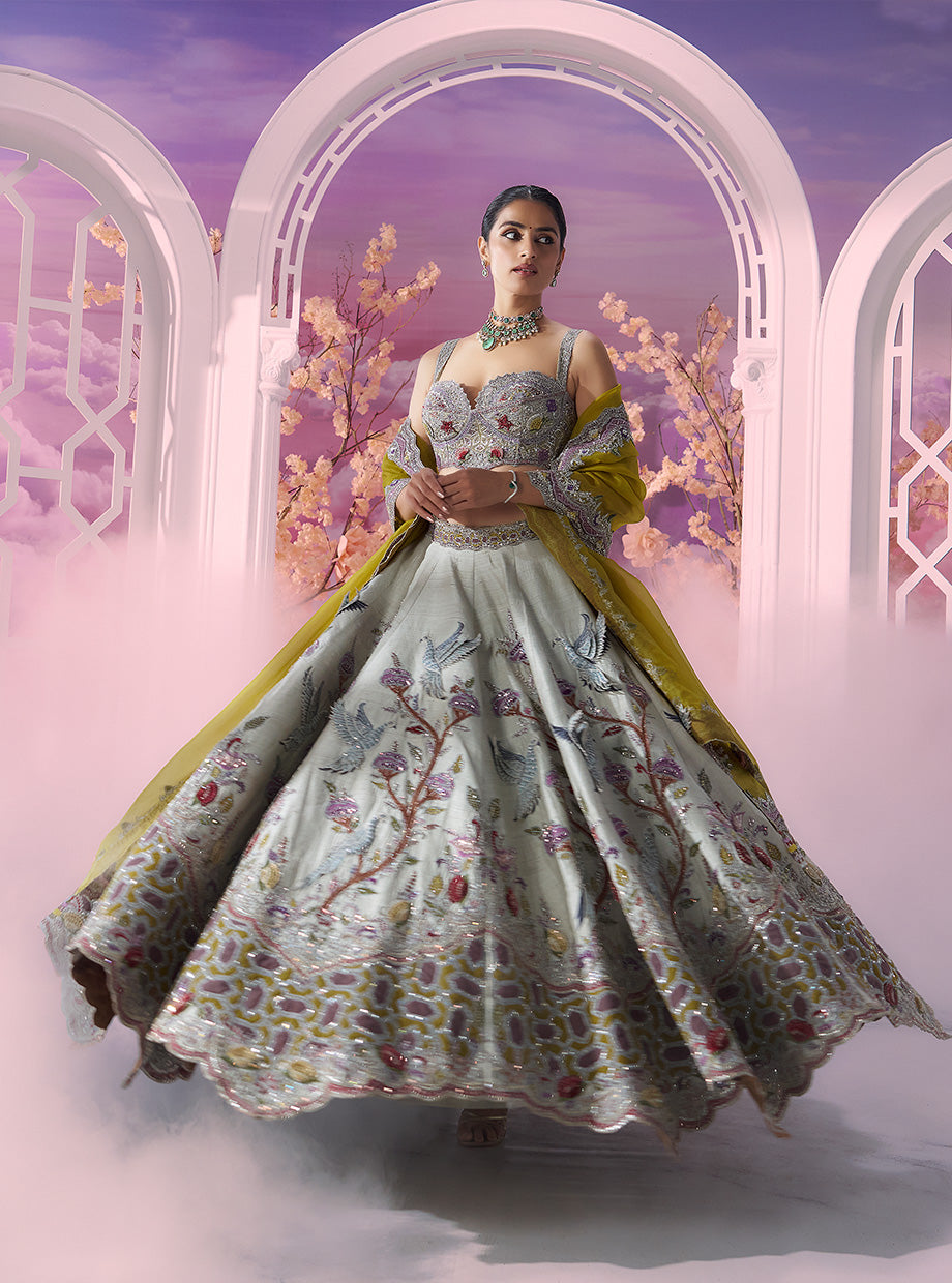 Sea Green Castle Embroidered Lehenga with Hot Pink Dupatta