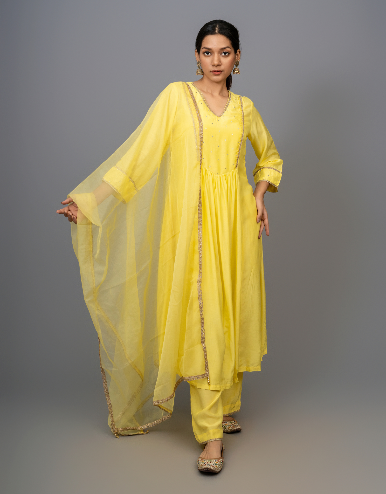Yellow Cotton Silk Hand Embroidered A-line Suit Set Organza Dupatta