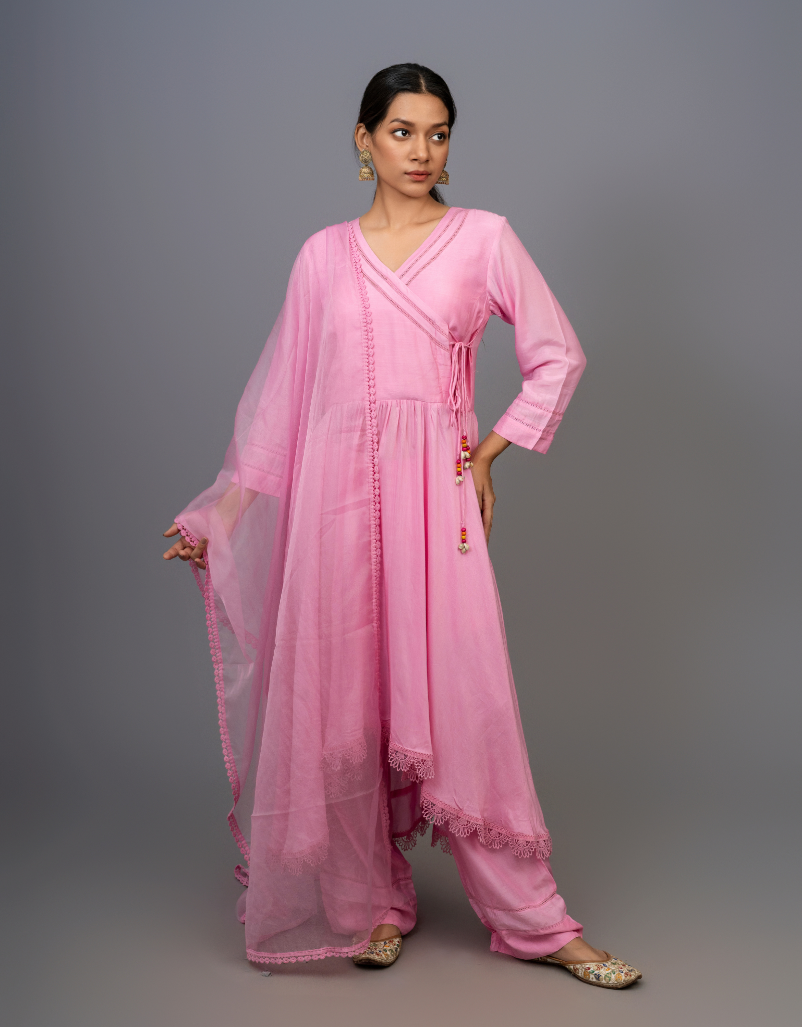 Purple Cotton Silk Gathered A-line Angrakha Kurta Pants Lace