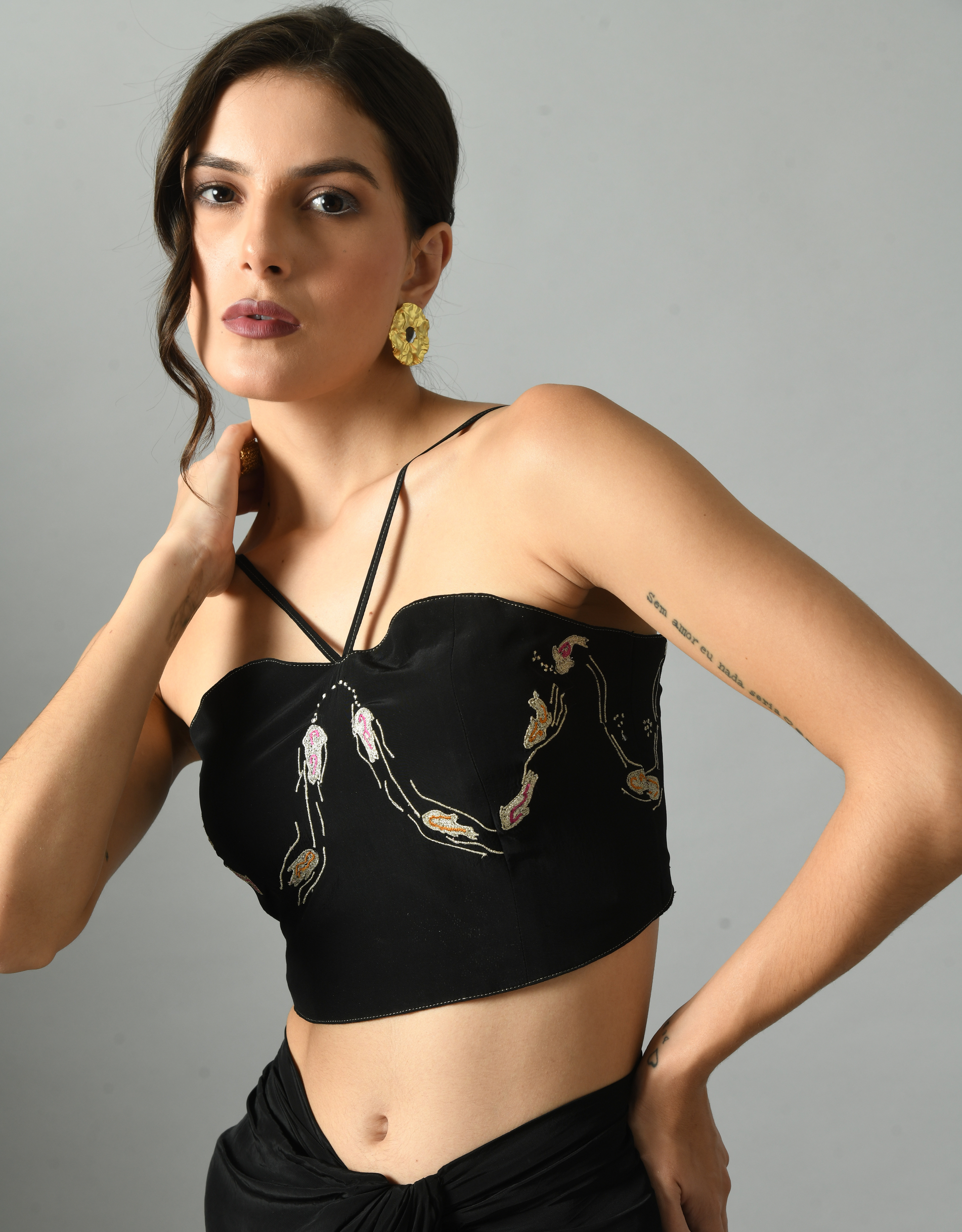 Stylish Black Crepe Silk Nur Bustier Embroidery