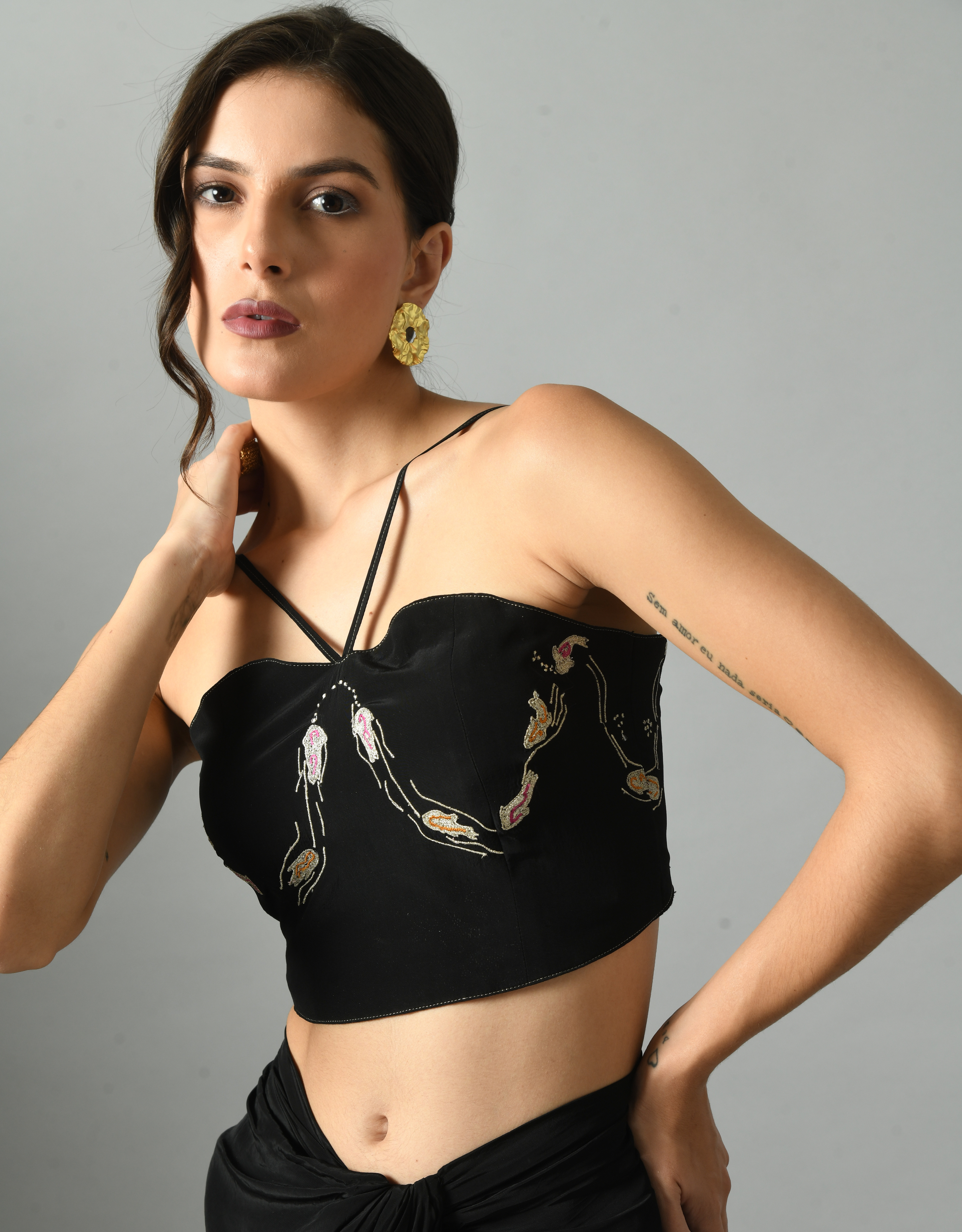 Stylish Black Crepe Silk Nur Bustier Embroidery