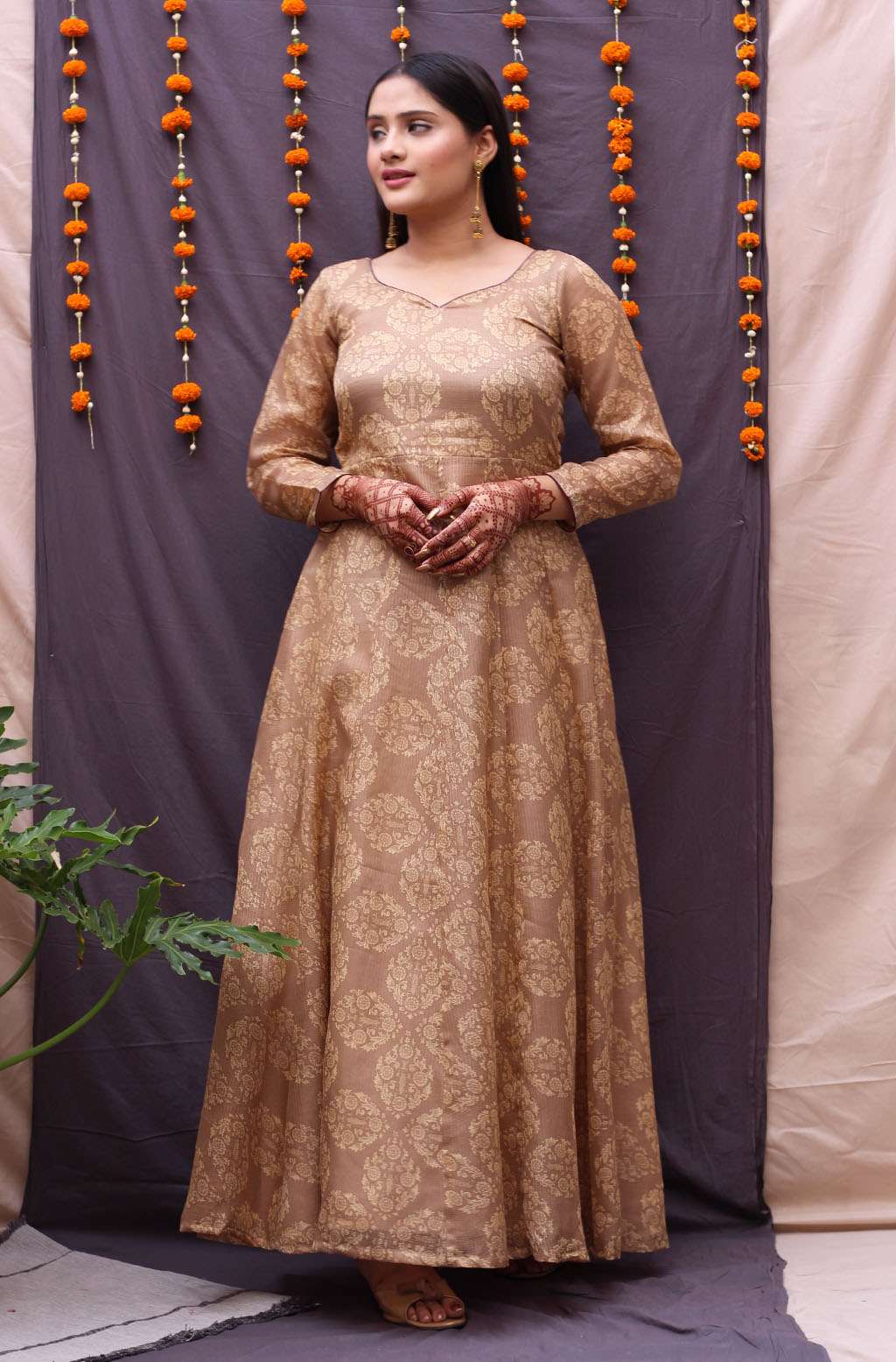 Elegant Beige Chandheri Kota Floral Print Long Dress Tassels - Dhara