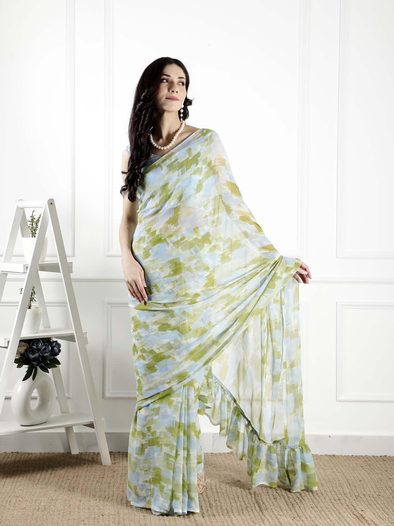 Summer Grey Green Chiffon Brushstroke Print Saree Ruffle Pallu