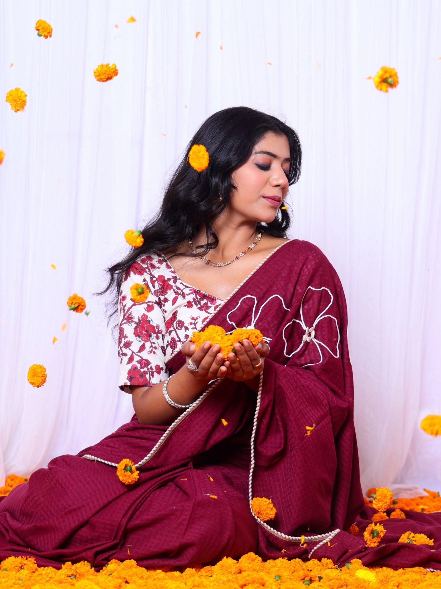 Festive Maroon Red Cotton Check Saree Hand Embroidery - Taapsi