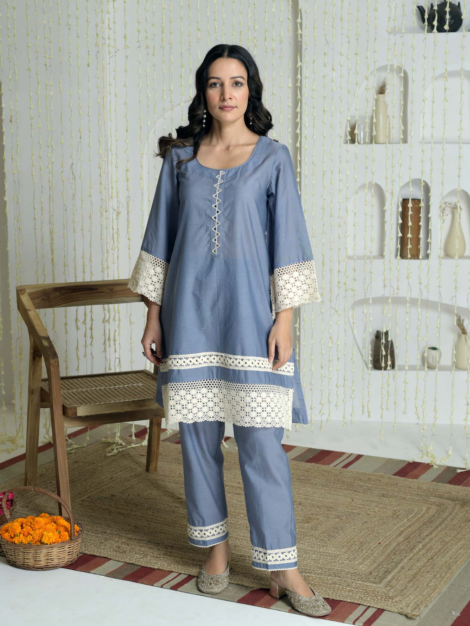 Elegant Grey Blue Chandheri Cotton Lace Coord Set Pakistani Style