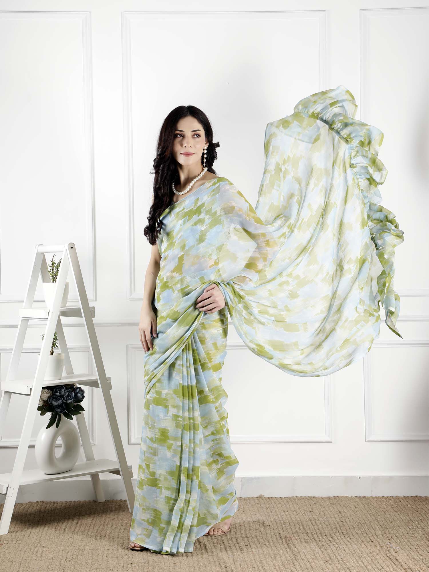 Summer Grey Green Chiffon Brushstroke Print Saree Ruffle Pallu