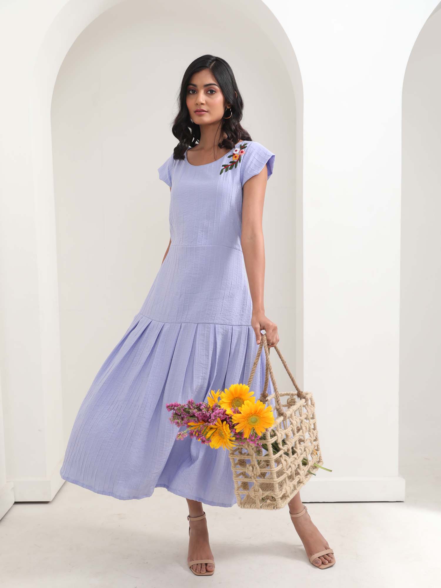 Holiday Lavender Blue Cotton Mix Floral Embroidered Dress - Sweet Lavender