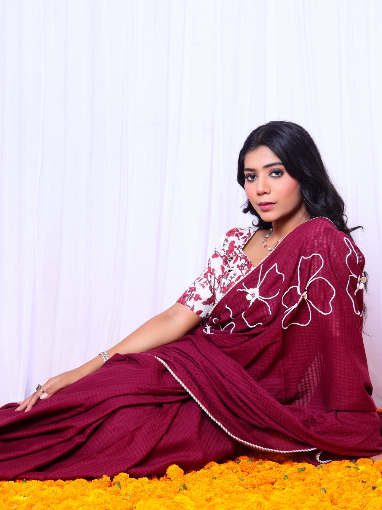 Festive Maroon Red Cotton Check Saree Hand Embroidery - Taapsi