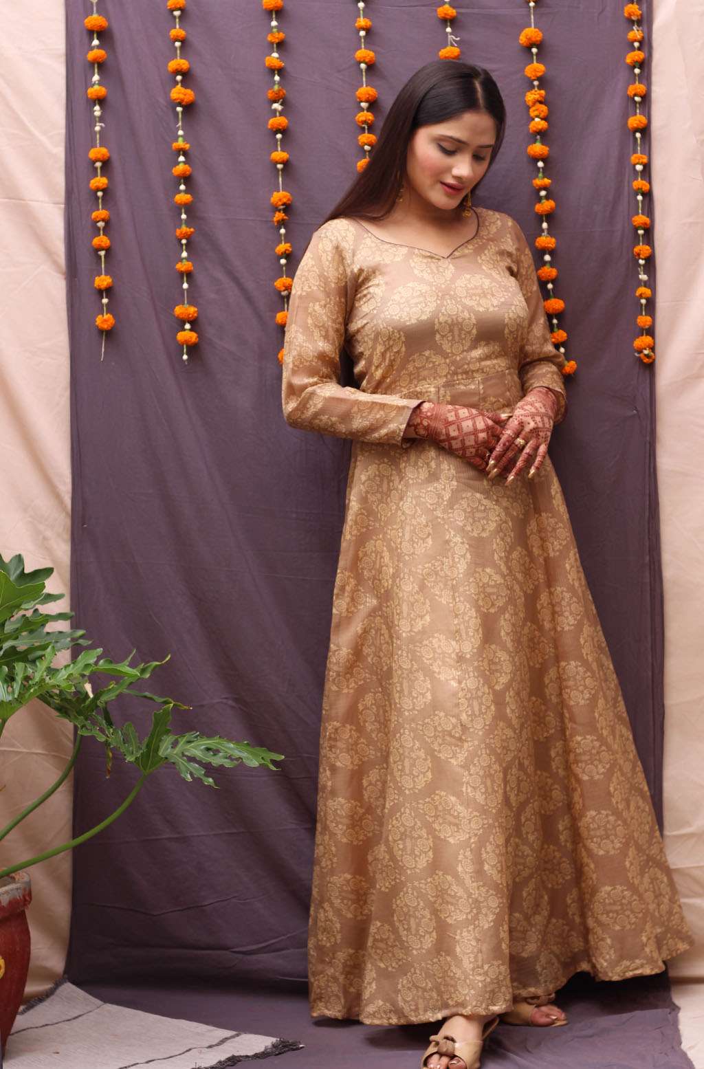 Elegant Beige Chandheri Kota Floral Print Long Dress Tassels - Dhara