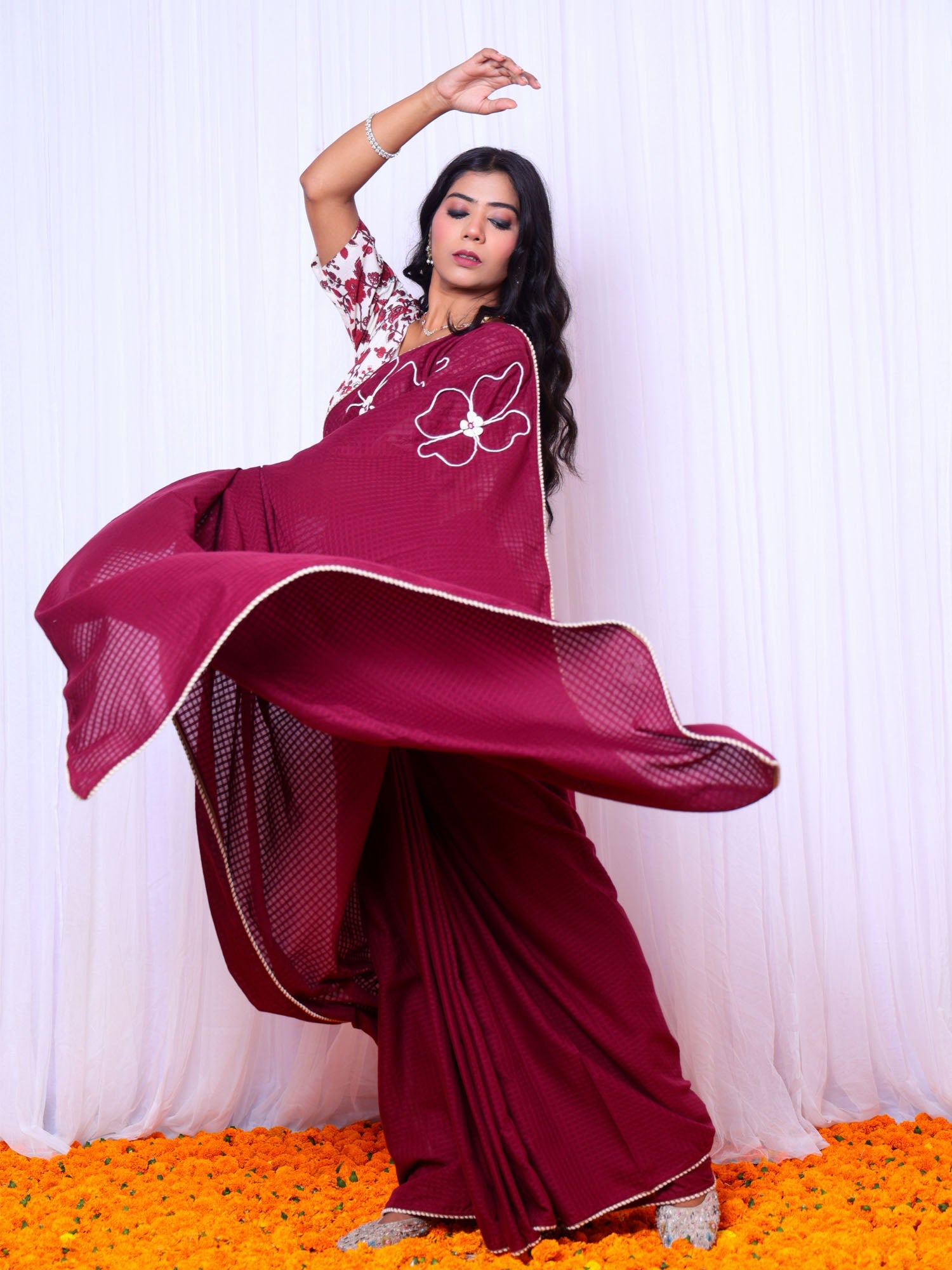 Festive Maroon Red Cotton Check Saree Hand Embroidery - Taapsi