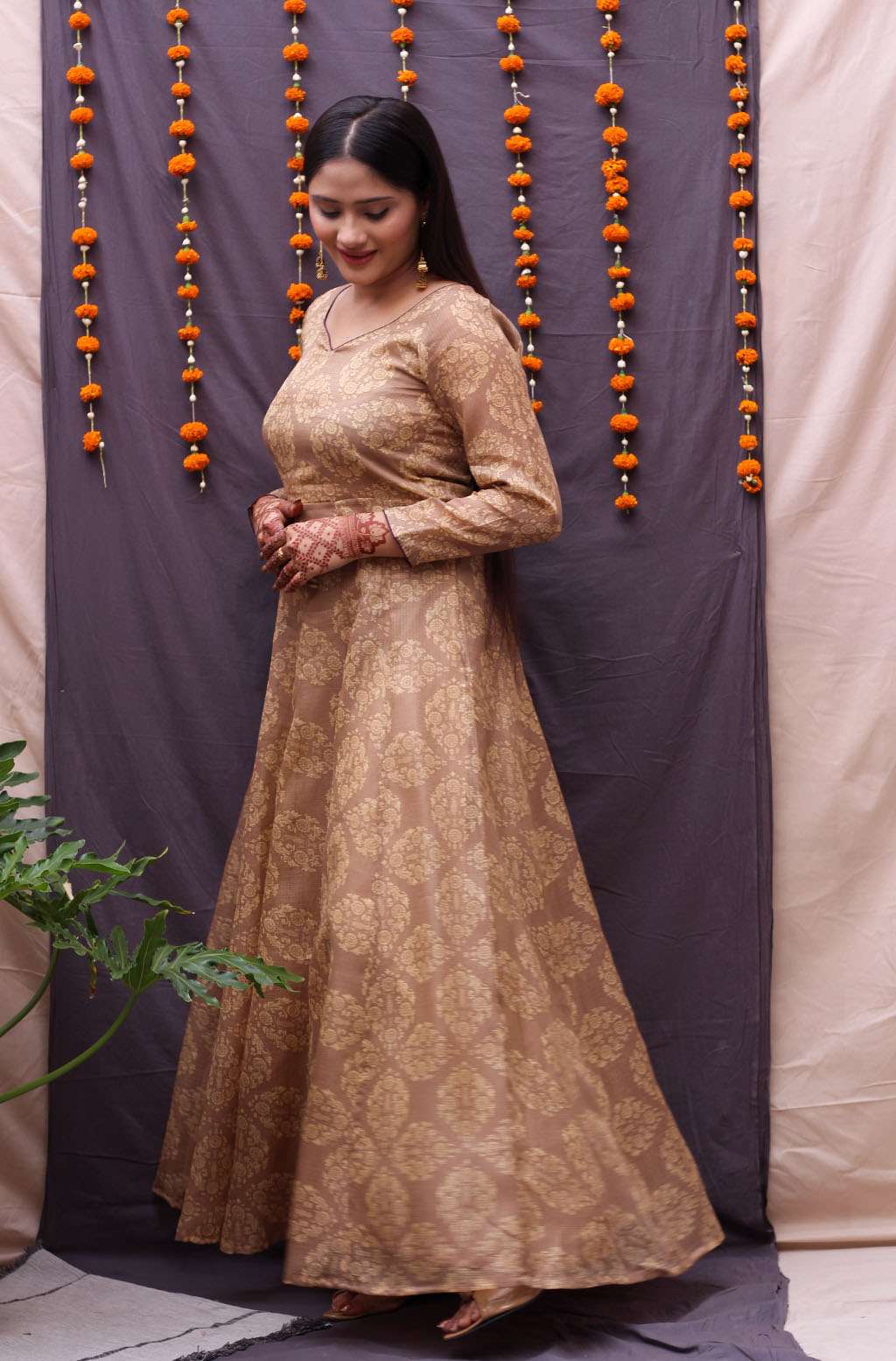 Elegant Beige Chandheri Kota Floral Print Long Dress Tassels - Dhara