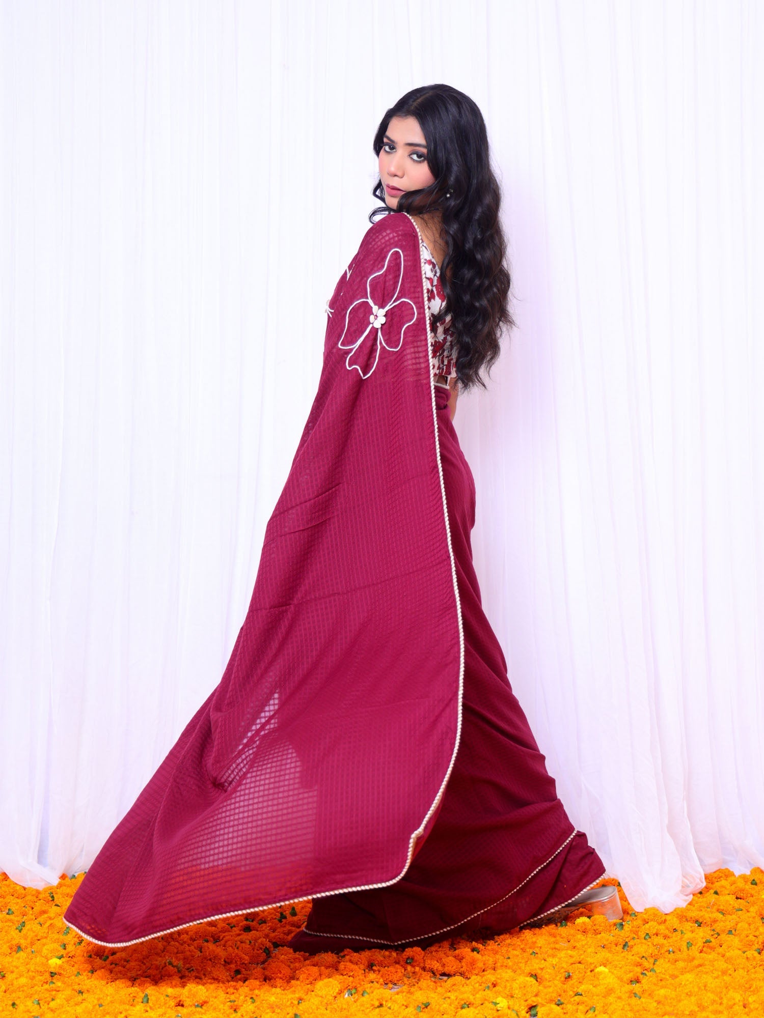 Festive Maroon Red Cotton Check Saree Hand Embroidery - Taapsi