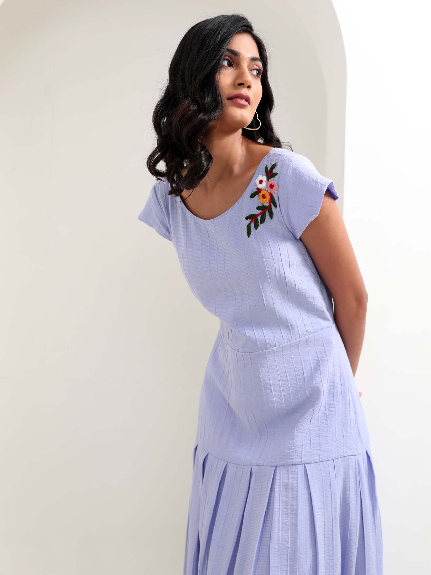 Holiday Lavender Blue Cotton Mix Floral Embroidered Dress - Sweet Lavender