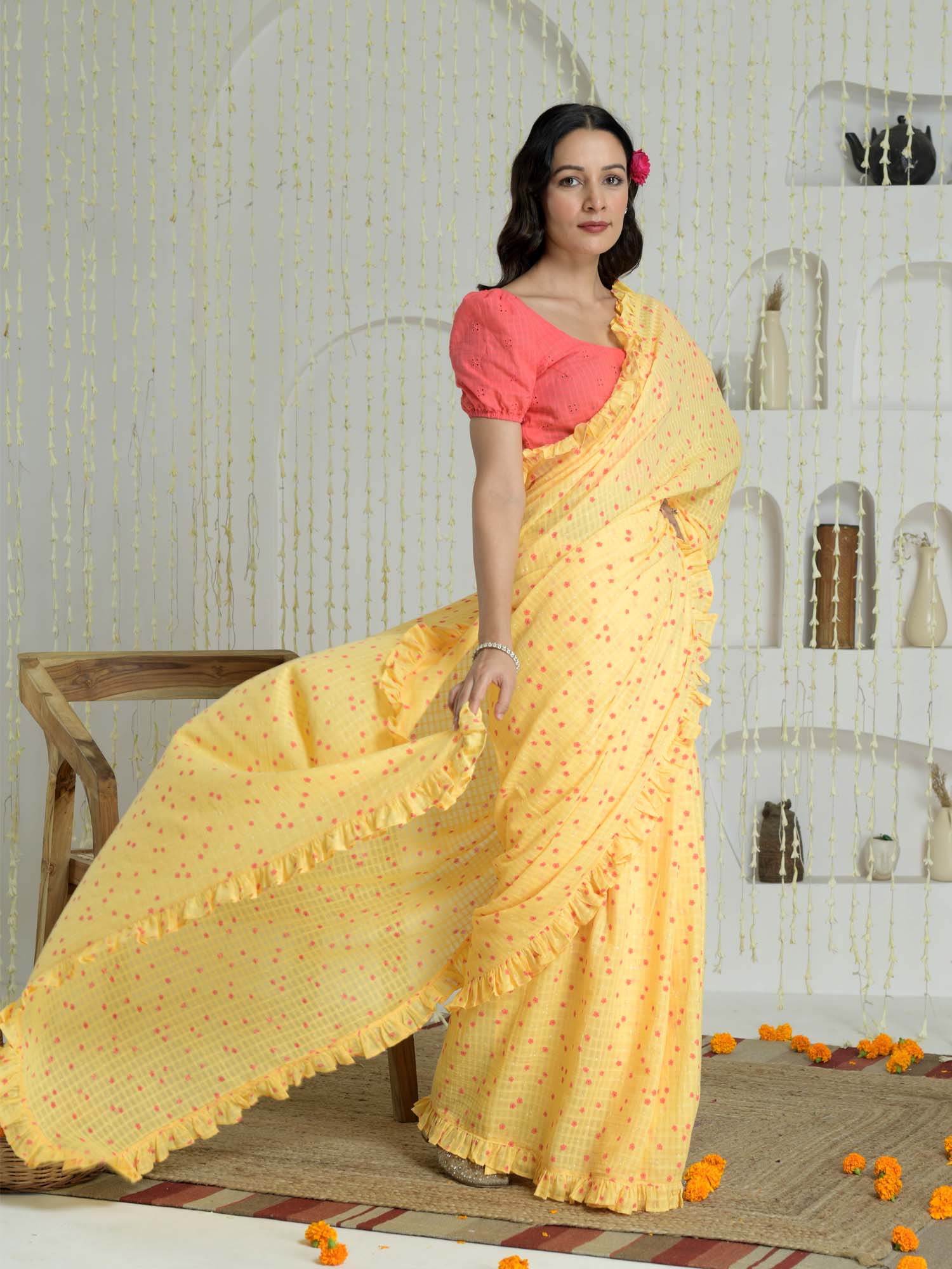 Elegant Yellow Coral Red Cotton Floral Print Saree Ruffle Border