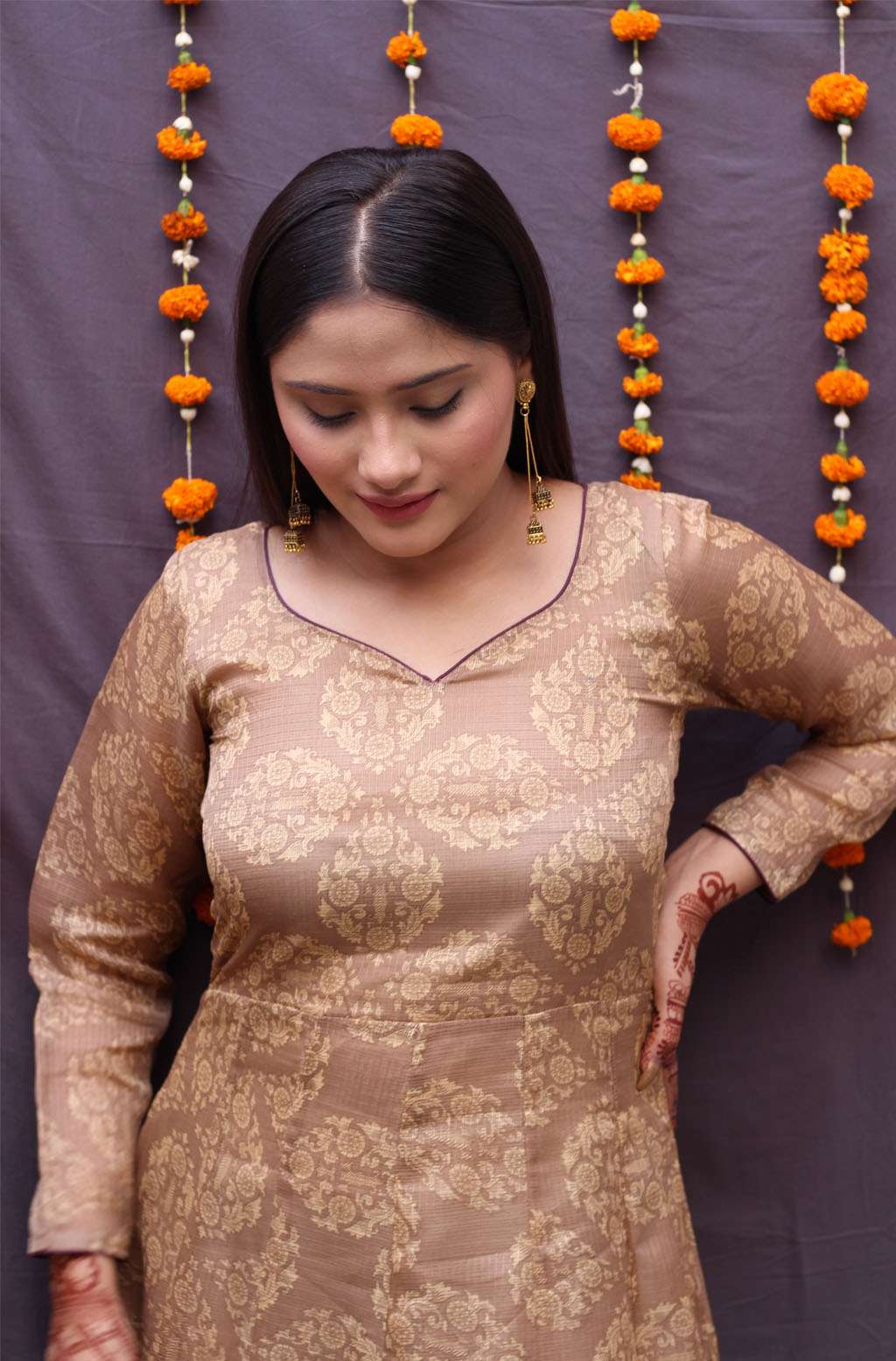 Elegant Beige Chandheri Kota Floral Print Long Dress Tassels - Dhara